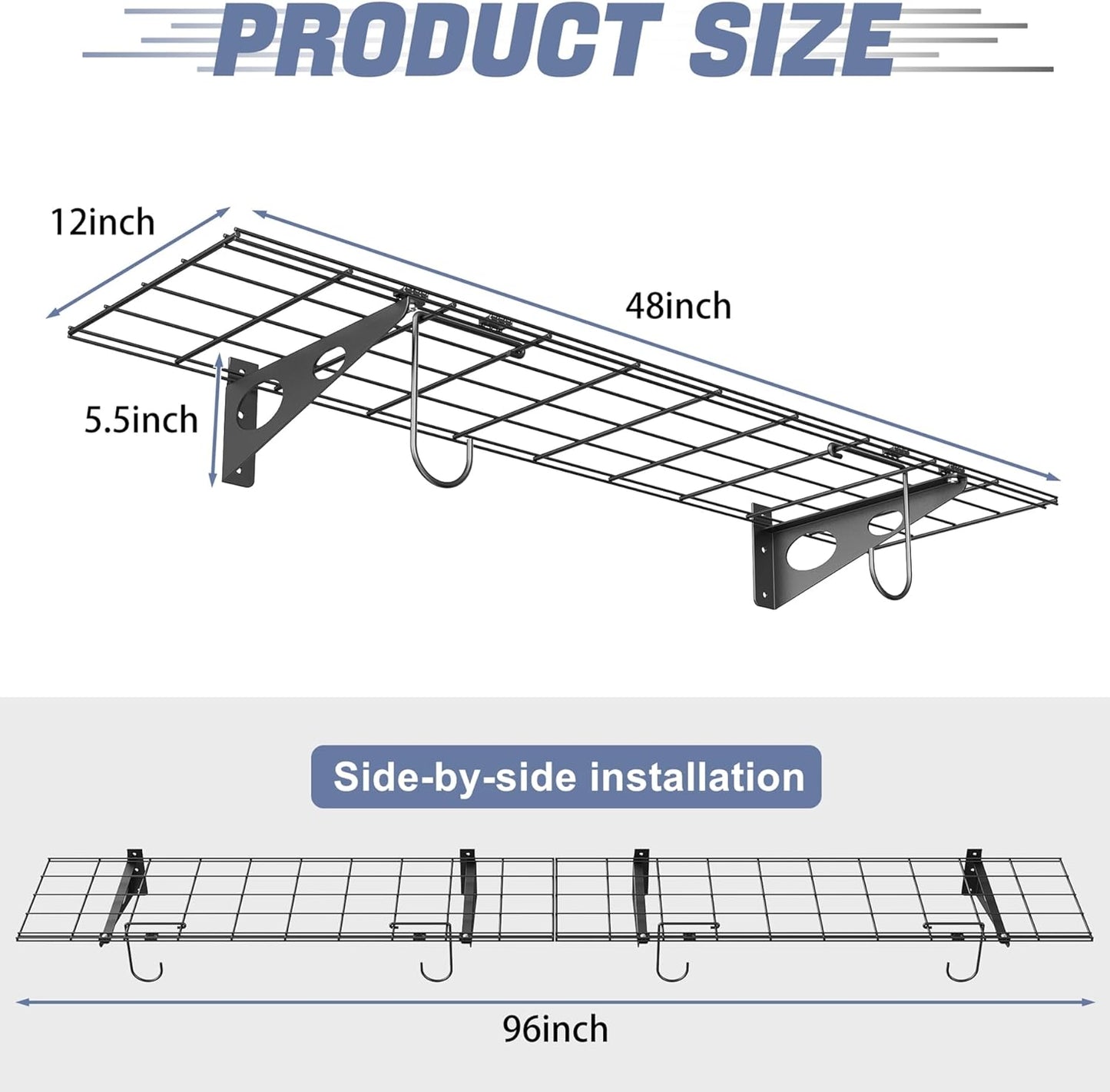 WALMANN 2 Pack Garage Wall Shelves, 1 x 4 ft/12 * 48 inch Wall Mounted Storage Shelves for Garage Heavy Duty Floating Shelving, Holds Up to 220 lbs(Black)