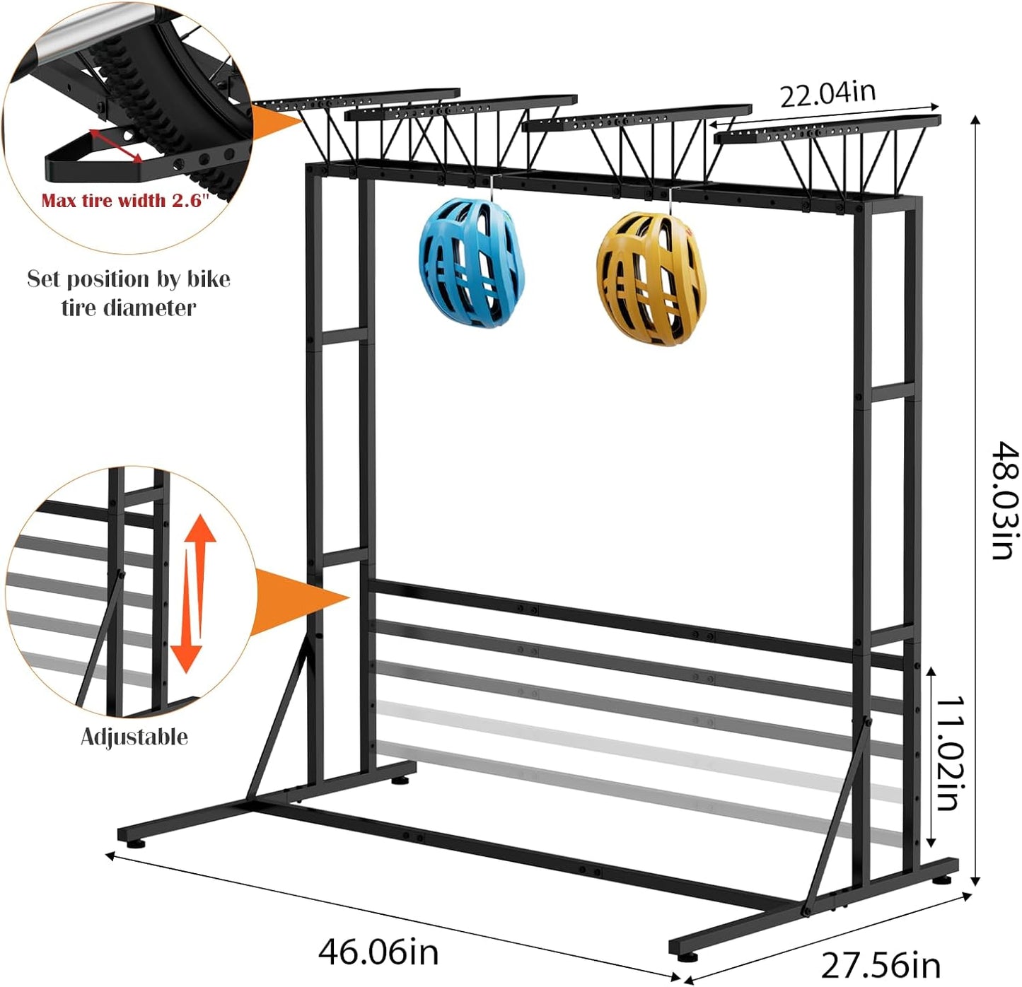 OYEAL Bike Rack Garage Floor Bike Storage Stand with 6 Hooks, Indoor Vertical Bicycle Organizer for 3 Adult Mountain/Road &1 Kids Bikes, Max Tire Width 2.6”, Black