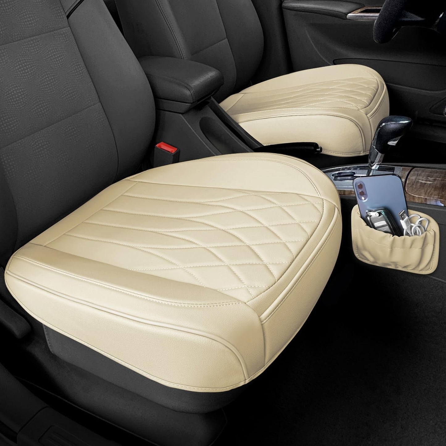 2 Pack Leather Front Car Seat Cover Bottom Car Seat, Universal Anti-Slip Driver Car Seat Protectors with Storage Pocket, Waterproof Bottom Auto Seat Cushion Pad Mat for Most Vehicles(Beige)