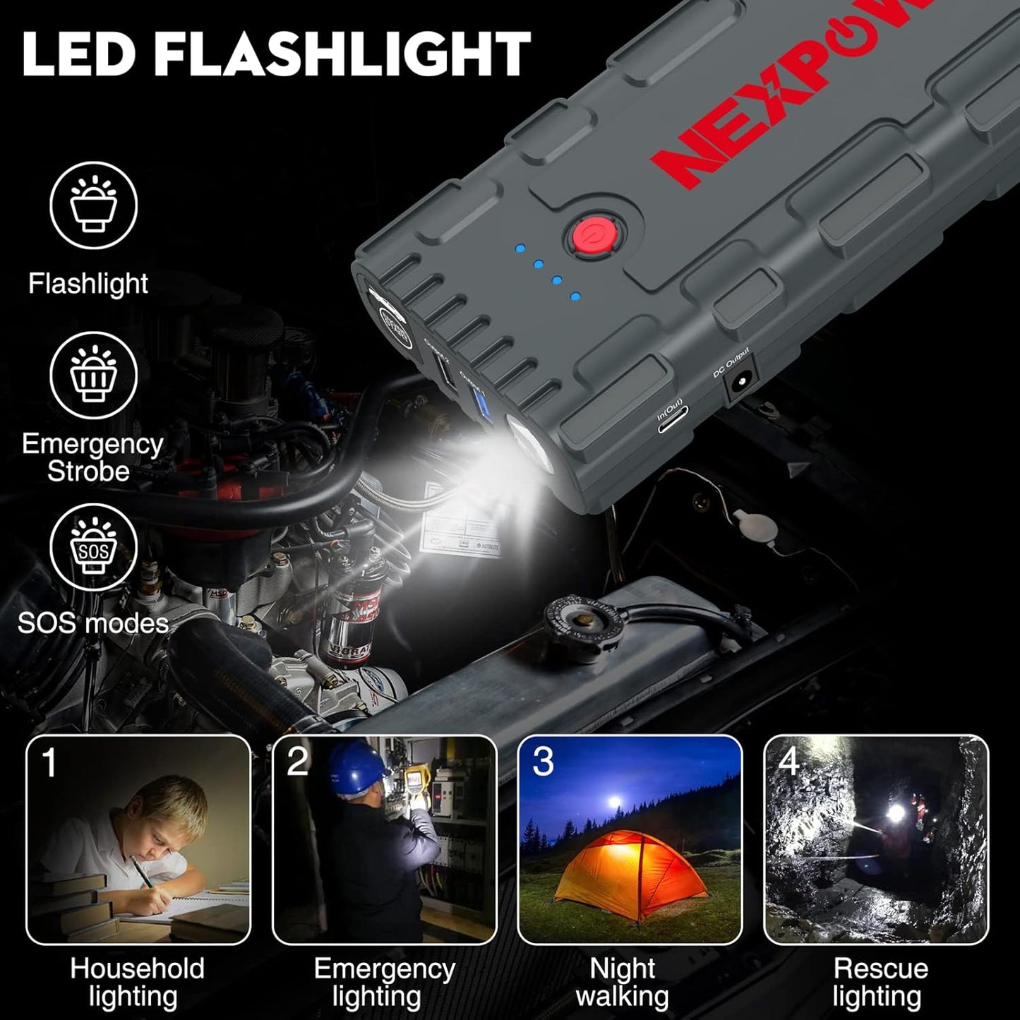 NEXPOW 2000A Peak Car Battery Jump Starter with USB Quick Charge 3.0 (Up to 7.0L Gas or 6.5L Diesel Engine), 12V Portable Battery Starter, Battery Booster with Built-in LED Light