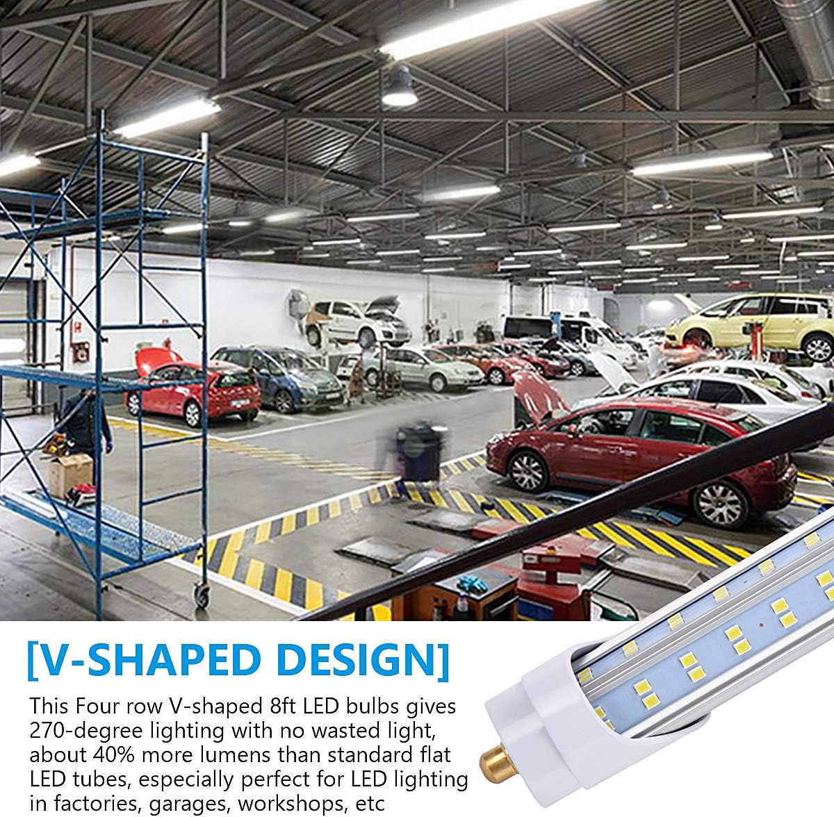 20/Pack LED Light Tubes -144W 6000K 18800 Lumens,Single Pin Fa8 Base,T8 T10 T12 LED Fluorescent Bulbs Replacement, Double Sided Four Row 768pcs,V Shape, Dual-Ended Power, Ballast Bypass