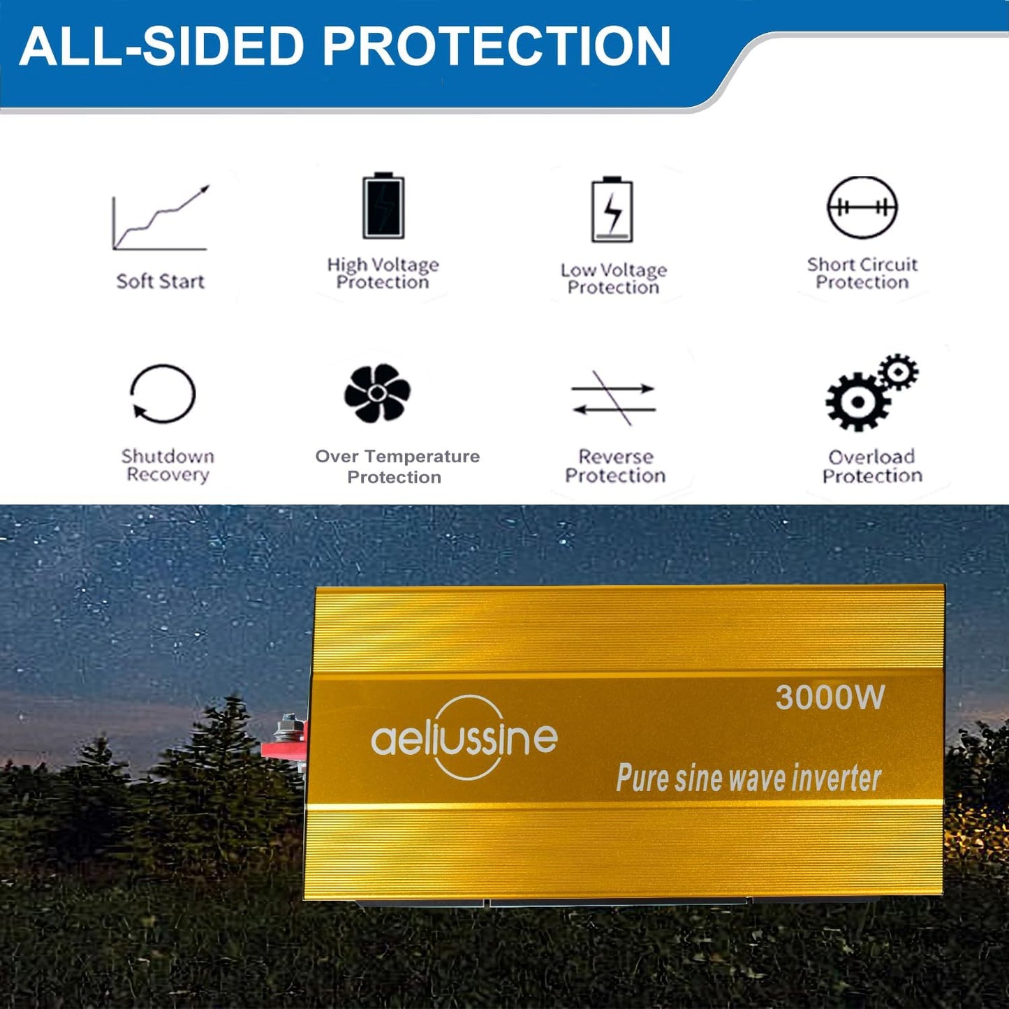 3000W Pure Sine Wave Inverter-48V DC to 110V AC Power Converter with 2 AC Outlets, 48 Volt Power Inverter for Truck, Rv, Camping, Home, Emergency Power