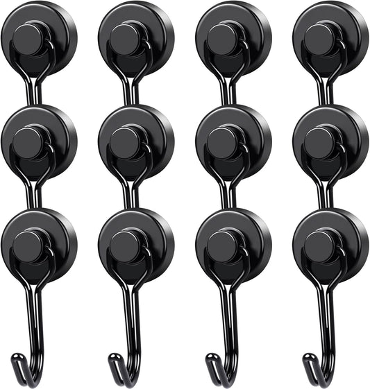 MIKEDE 12 Pack Magnetic Hooks, 40Lbs Heavy Duty Neodymium Magnet Hooks Black Magnetic Swivel Hooks for Hanging, Rust Proof Strong Magnets with Hook Magnetic Metal Hanger for Toolbox, Storage