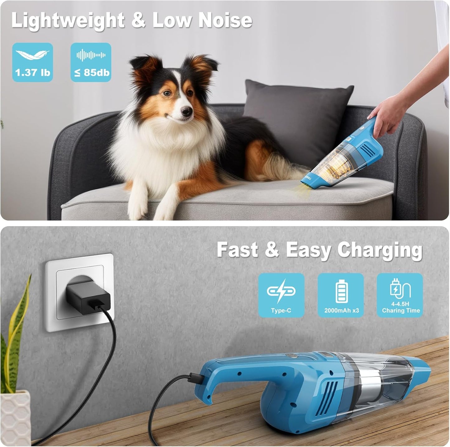 Handheld Vacuum Cordless, 14500PA Powerful Suction Hand Held Vacuum Cleaner with Brushless Motor, Rechargeable and Portable Car Vacuum Cleaner with Multi Accessories for Home Office Car Pet