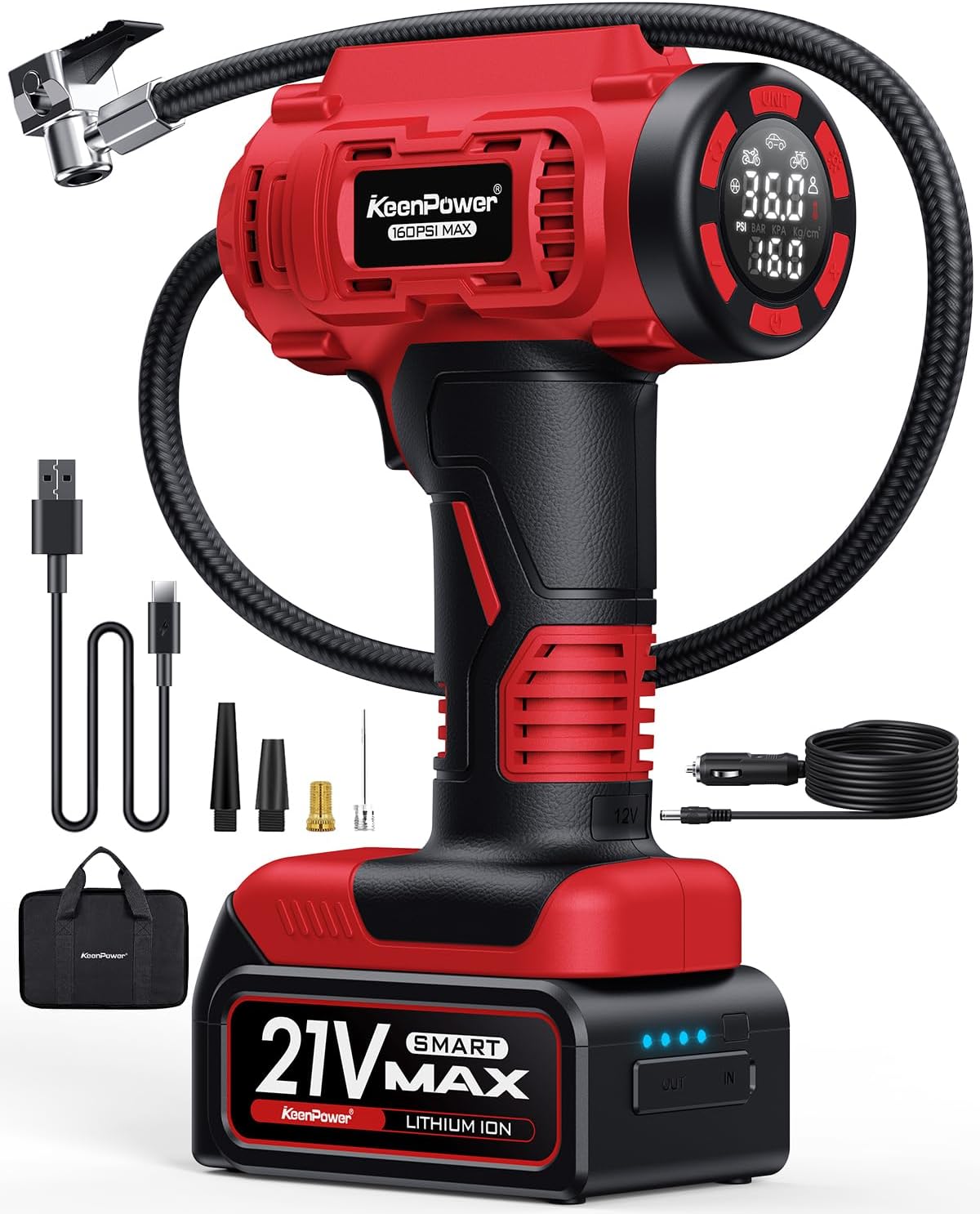 Cordless Tire Inflator Portable Air Compressor, 160PSI Car Tire Air Pump, 21V Rechargeable Battery Powered Air Compressor, Dual Power, Larger HD Digital Gauge w/4+N Smart Modes (Red)