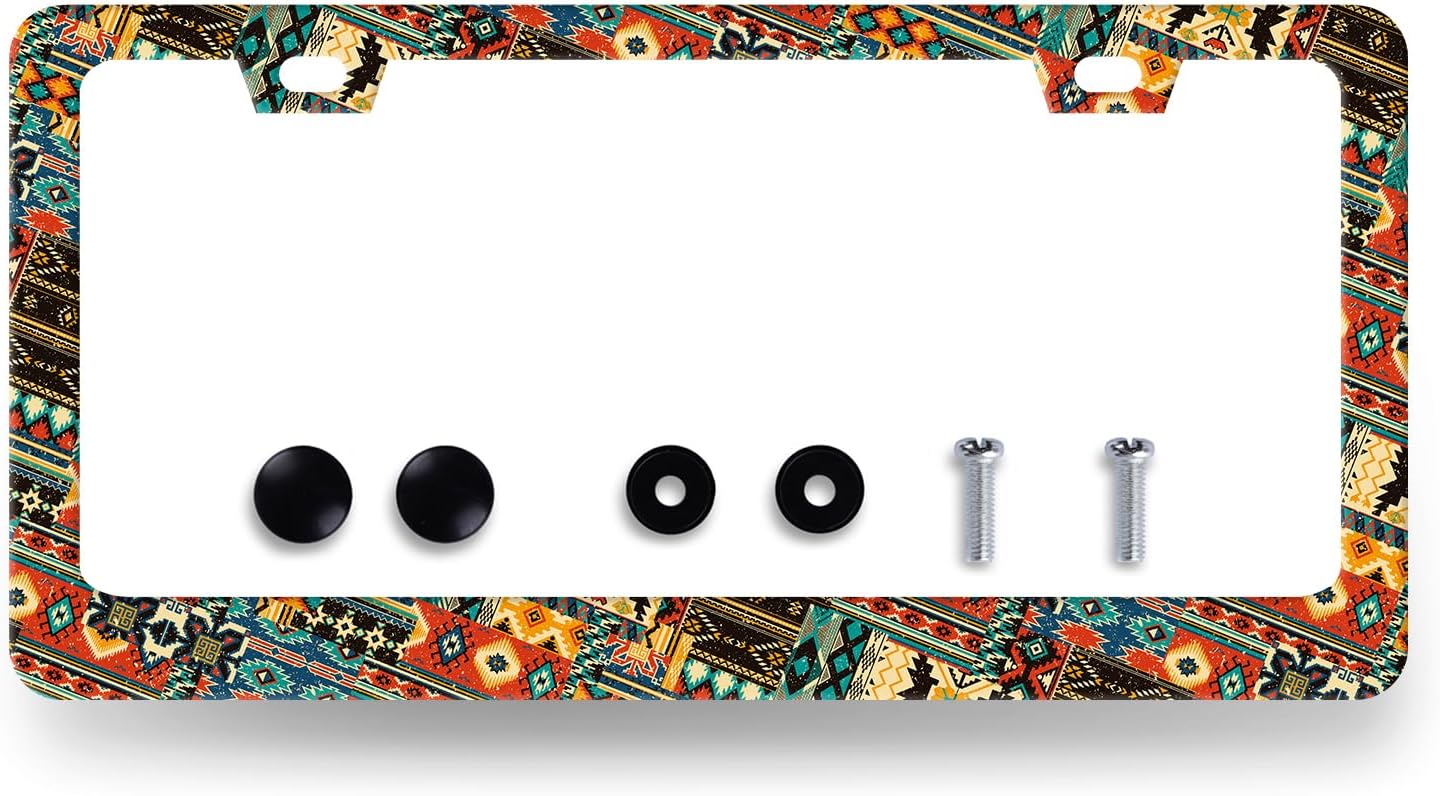 Ethnic Tribal Texture License Plate Frame Boho License Plate Holder Stainless Steel Funny Colorful Car Accessories Decoration 6.3" X 12.3" with 2 Holes Screws