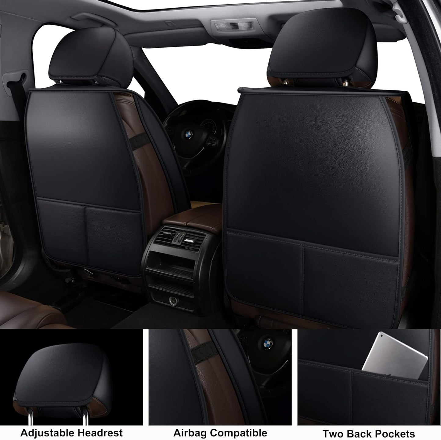 LINGVIDO Car Seat Covers, Breathable and Waterproof Faux Leather Automotive Seat Covers for Cars SUV Truck Sedan,Universal Anti-Slip Seat Cover with Backrest (Full Set, Black-Blueline)