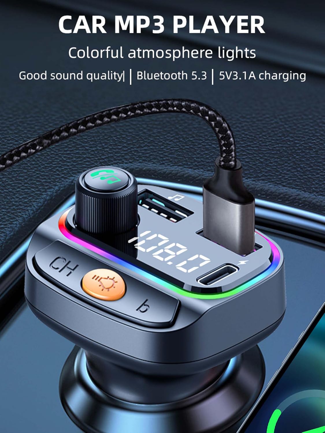 Bluetooth 5.3 FM Transmitter for Car, Wireless Car Charger with 7-Color RGB Breathing Light, Hi-Fi Sound Quality & Hands-Free Calling, Fast Charging, USB/UMP3 Play, Universal Fit for iPhone Android