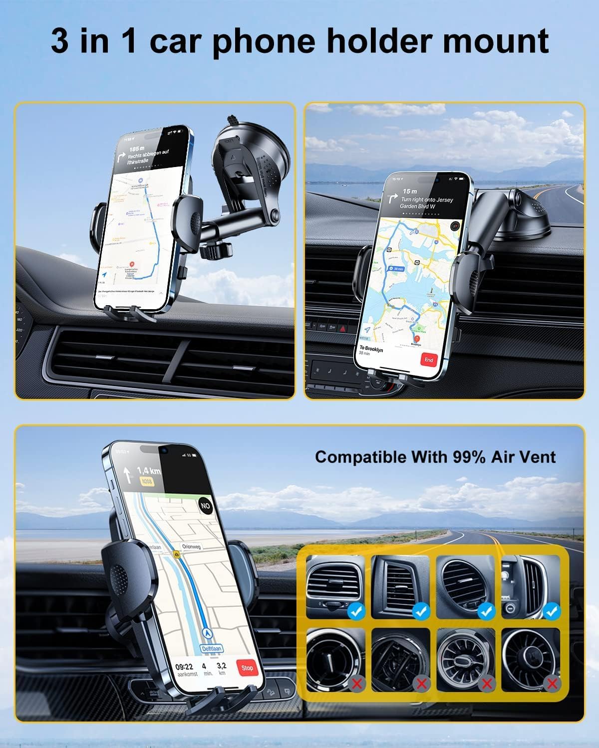 Blue 3-in-1 Phone Mount for Car [2025 Most Stable and Flexible Suction Cup] Vent Dashboard Windshield Cell Phone Holder Car Fit for iPhone, Samsung, All Phone
