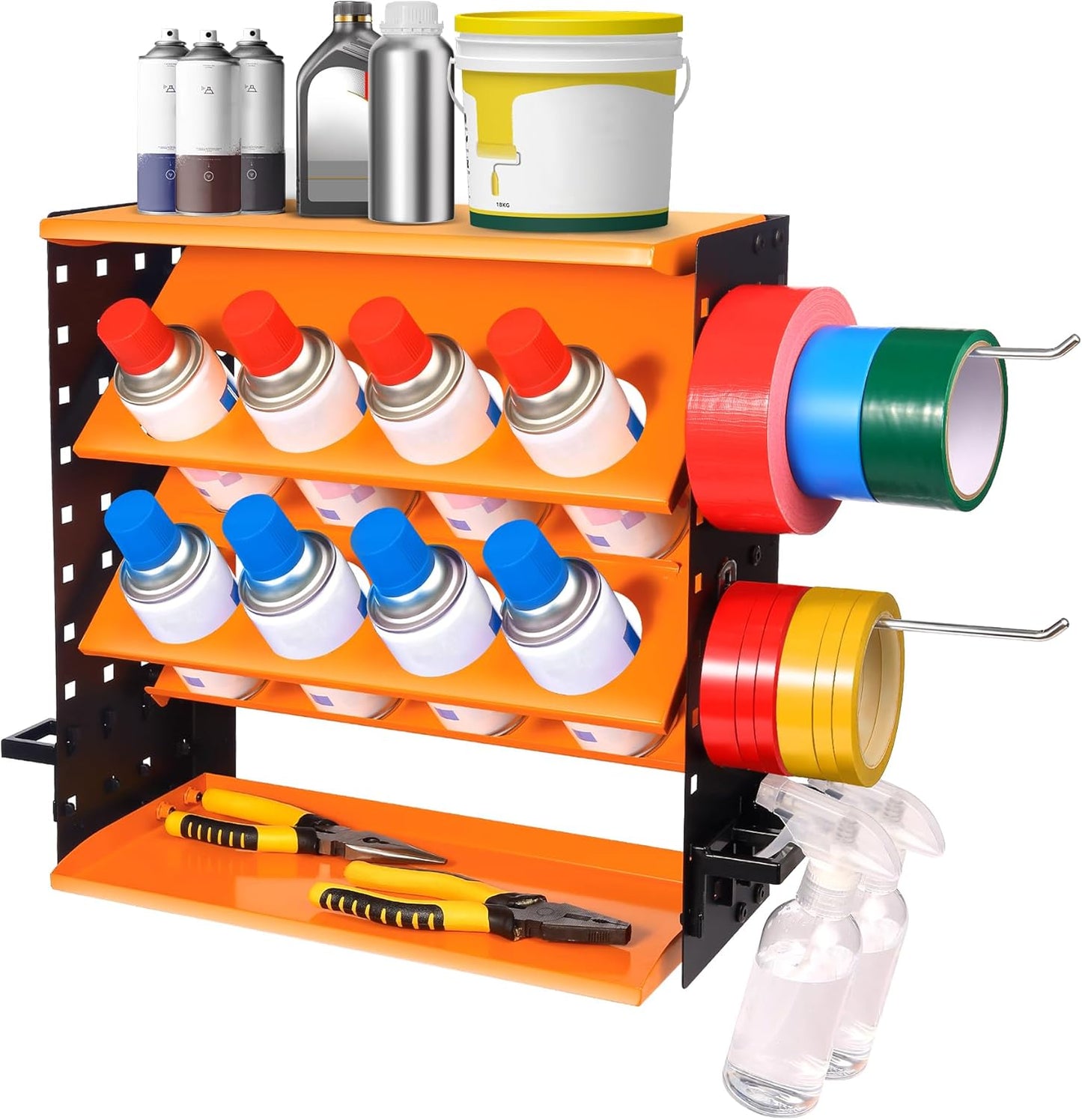 Heavy Duty Metal Spray Can Holder - Wall Mount or Countertop Spray Bottle Lube Can Organizer for Garage & Home & Workshop, Peg Board on Both Sides | 8 Can Holes & 6 Steel Hooks, 5 Plastic Hooks