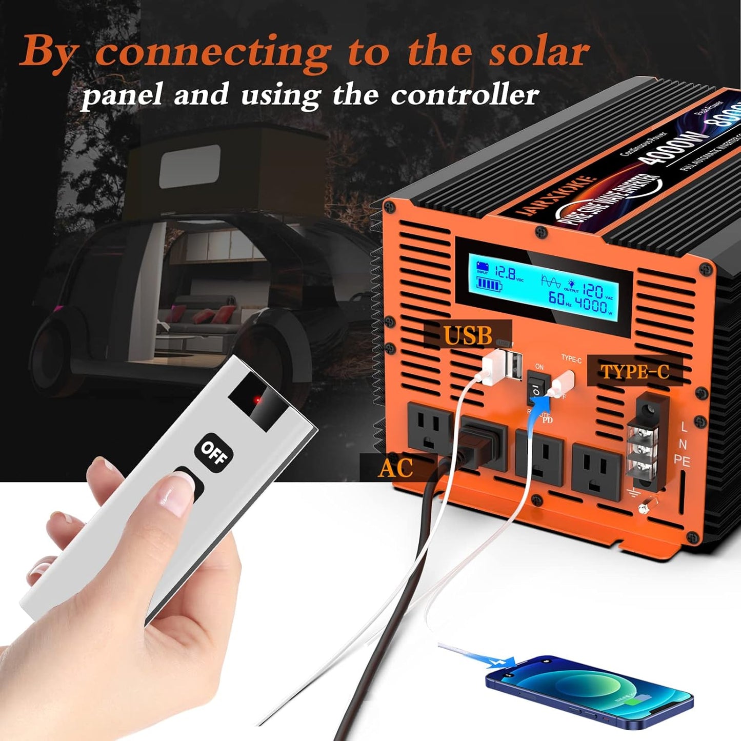 4000 Watt Pure Sine Wave Power Inverter 12V DC to 110V 120V Converter for Family RV Off Grid Solar System Car with Type-C Ports 4 AC Power Outlets Dual USB Ports LCD Display and Remote Control
