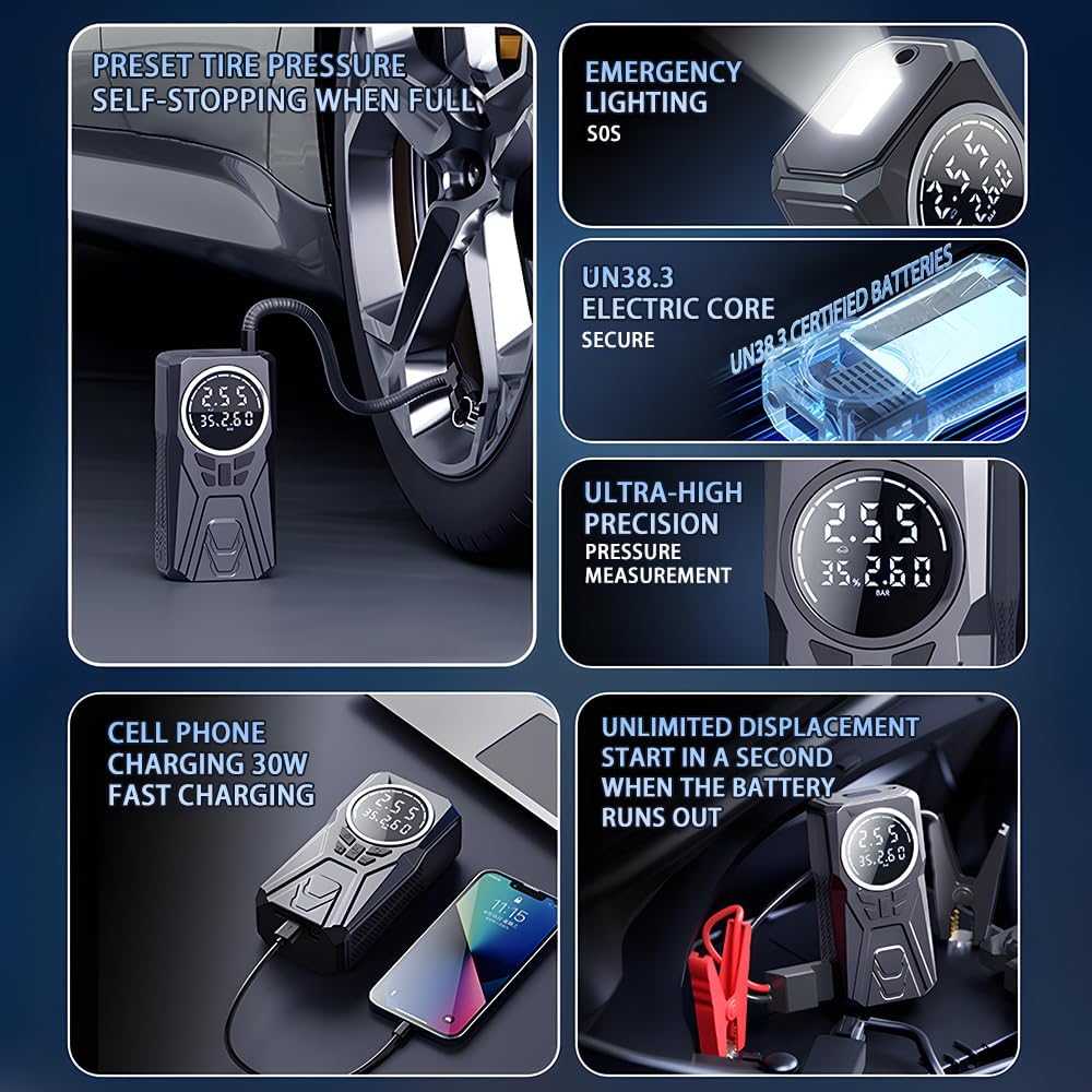 Car Jump Starter with Air Compressor, 3000A Car Emergency Starting Power Supply, 150PSI Tire Inflator Portable Compressor, Portable Tire Inflator for Cars, Pickup Trucks, Bicycles, etc.