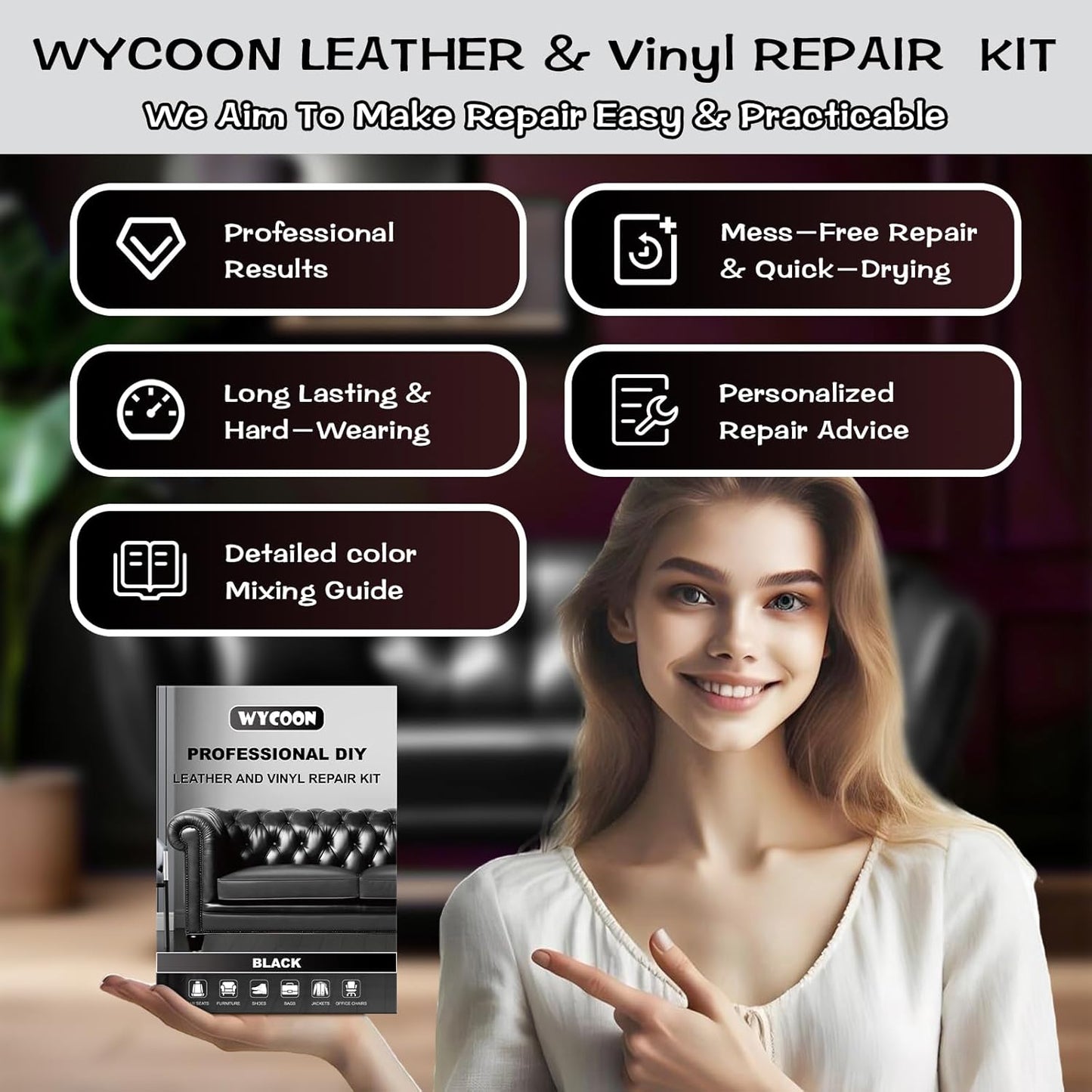 Black Leather & Vinyl Repair Kit, Fix Fading, Tears, Scratches, and Peeling on Leather and Vinyl Furniture, Car Seats, and Jackets, Easy Instruction with Color Mixing Guide