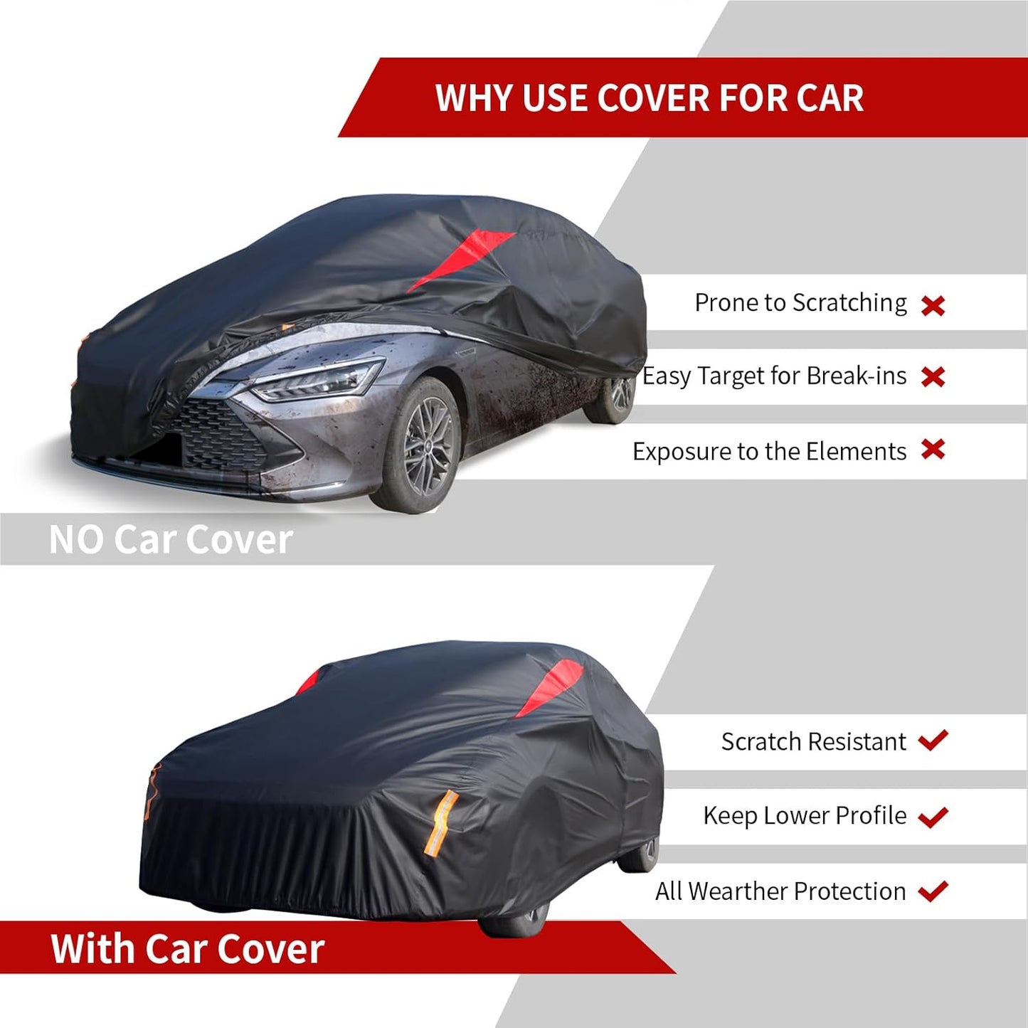 Car Cover Waterproof All Weather, 6 Layers Car Covers for Automobiles, Full Exterior Cover with Zipper, Outdoor Car Cover Sun UV Rain Snow Wind Protection for Sedan (190-195 inch)