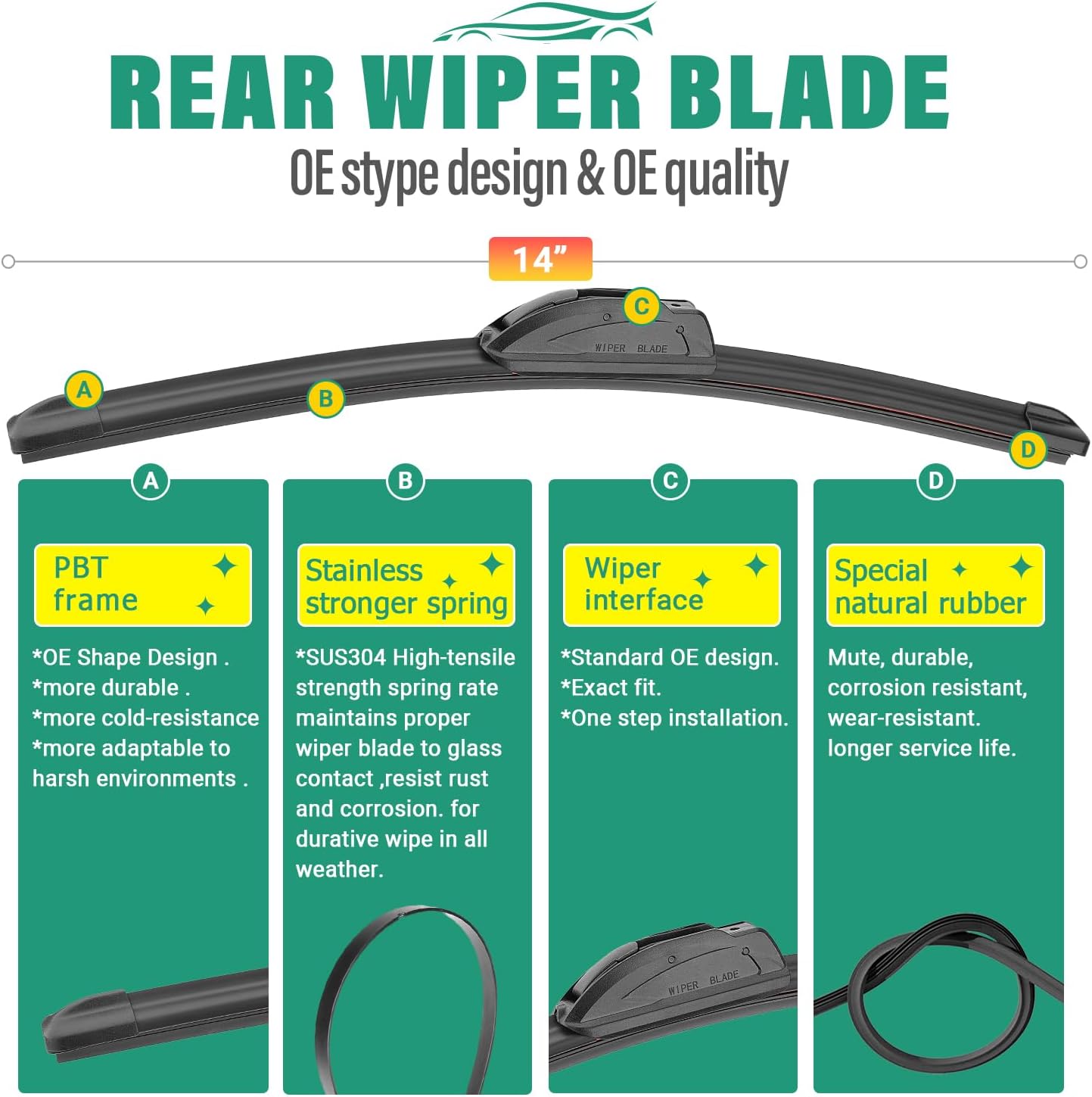 26" 18" 14" Windshield Wiper Blades Replacement for Honda Civic Hatchback 2017 2018 2019 2020 2021 Premium All Weather Front Rear Wipers Set - OEM Quality (Pack of 3)