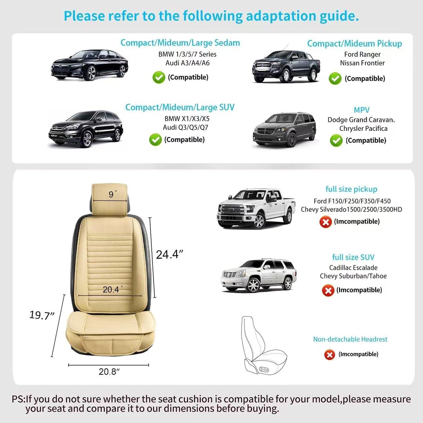 Universal Leather Car Seat Covers Full Set, Car Seat Cushion Covers Protector for Cars SUV Pick-up Truck Van Interior Accessories(Beige)