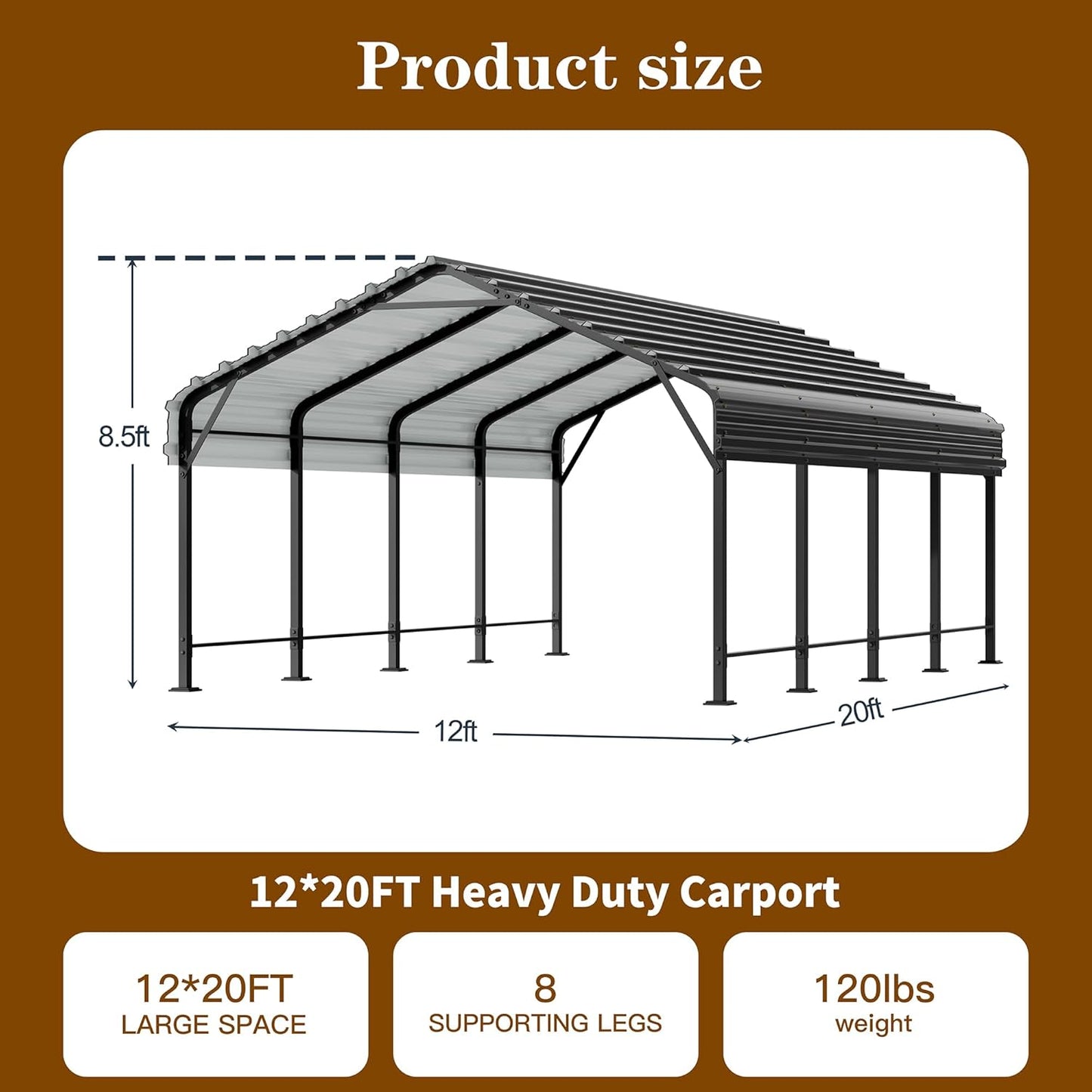 Walsunny Metal Carport 12x20 FT Heavy Duty Carport Canopy with Enhanced Base, Outdoor Car Shelter with Galvanized Steel Roof and Frame Garage for Truck, SUV, Boat, Gray