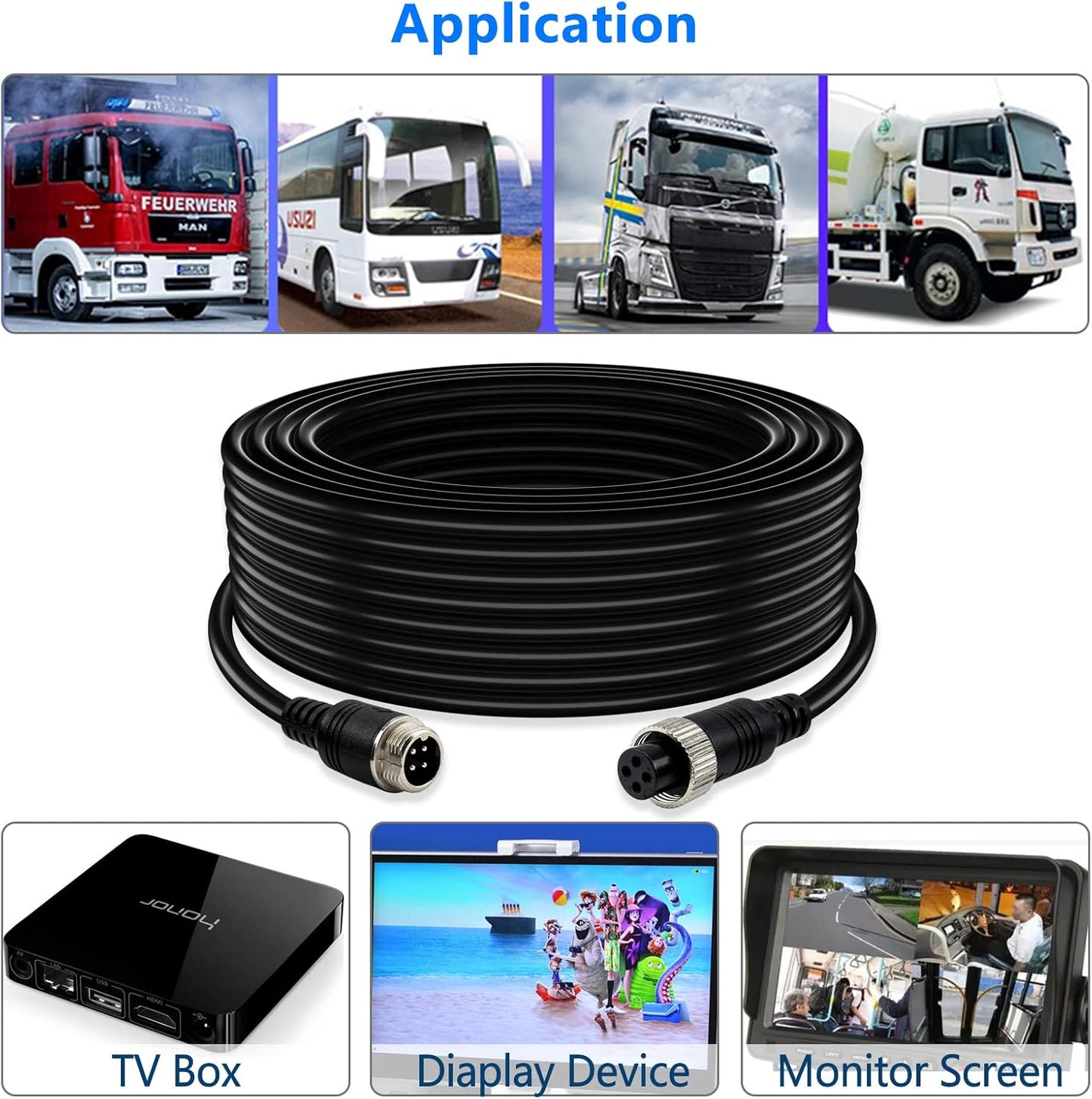 Car Video 4-Pin Aviation Extension Cable for CCTV Rearview Camera Truck Trailer Camper Bus Vehicle Backup Monitor System-65.6Ft/20M