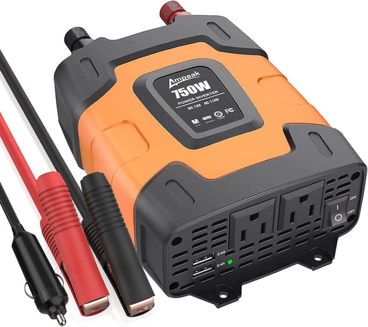 Ampeak 750W Power Inverter 4.8A Dual USB Ports 2 AC Outlets Car Inverter DC 12V to AC 110V 11 Protections for Appliances