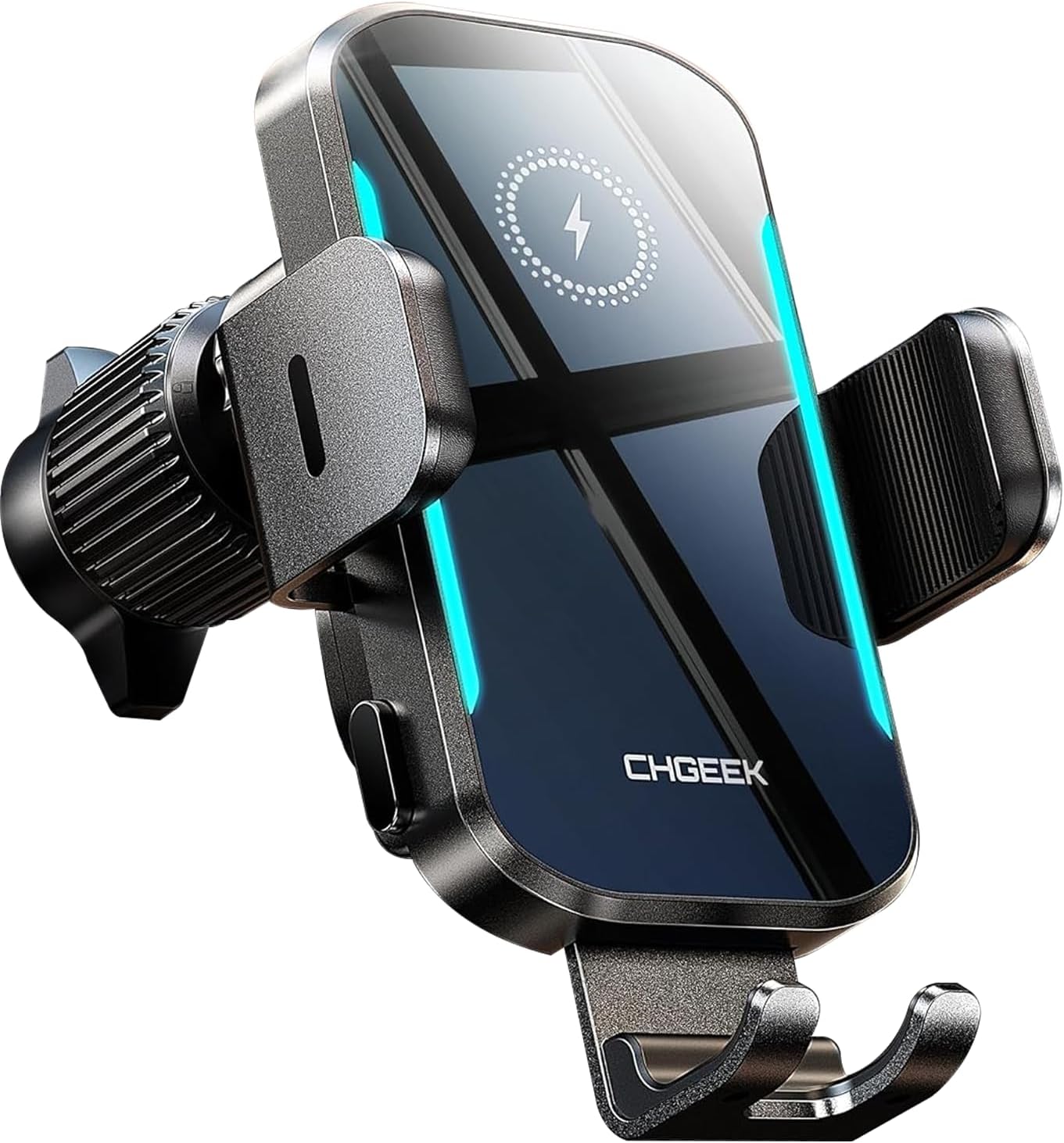 CHGeek 15W Wireless Car Charger – Auto-Clamping Qi Fast Charging Vent Mount with LED Light; Compatible with iPhone 13-16 & Samsung S22-S24 (Knight Black)