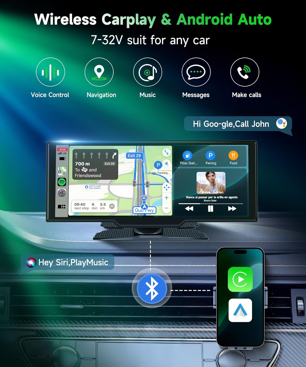 Carplay Screen for Car, 10.26 inch IPS Touch Screen Portable Wireless Car Stereo with Carplay Android Auto SuperLink OTA Bluetooth GPS Siri Aux, 7-32V for Trucks, SUVs, Cars, RVs