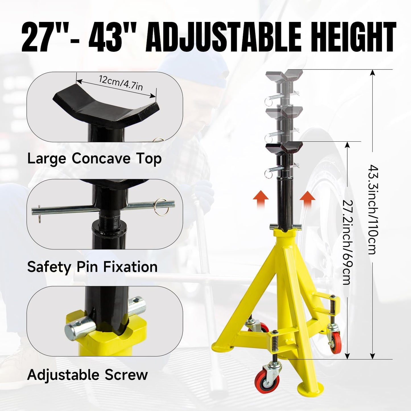 22 Ton (48,000 lbs) Jack Stands Heavy Duty Jack Stand Double Locking Pin Type Car Jack Stand Adjustable Height to 43'' with 360° Wheels for Garage, Repair Shop and DIY, 1 Pc