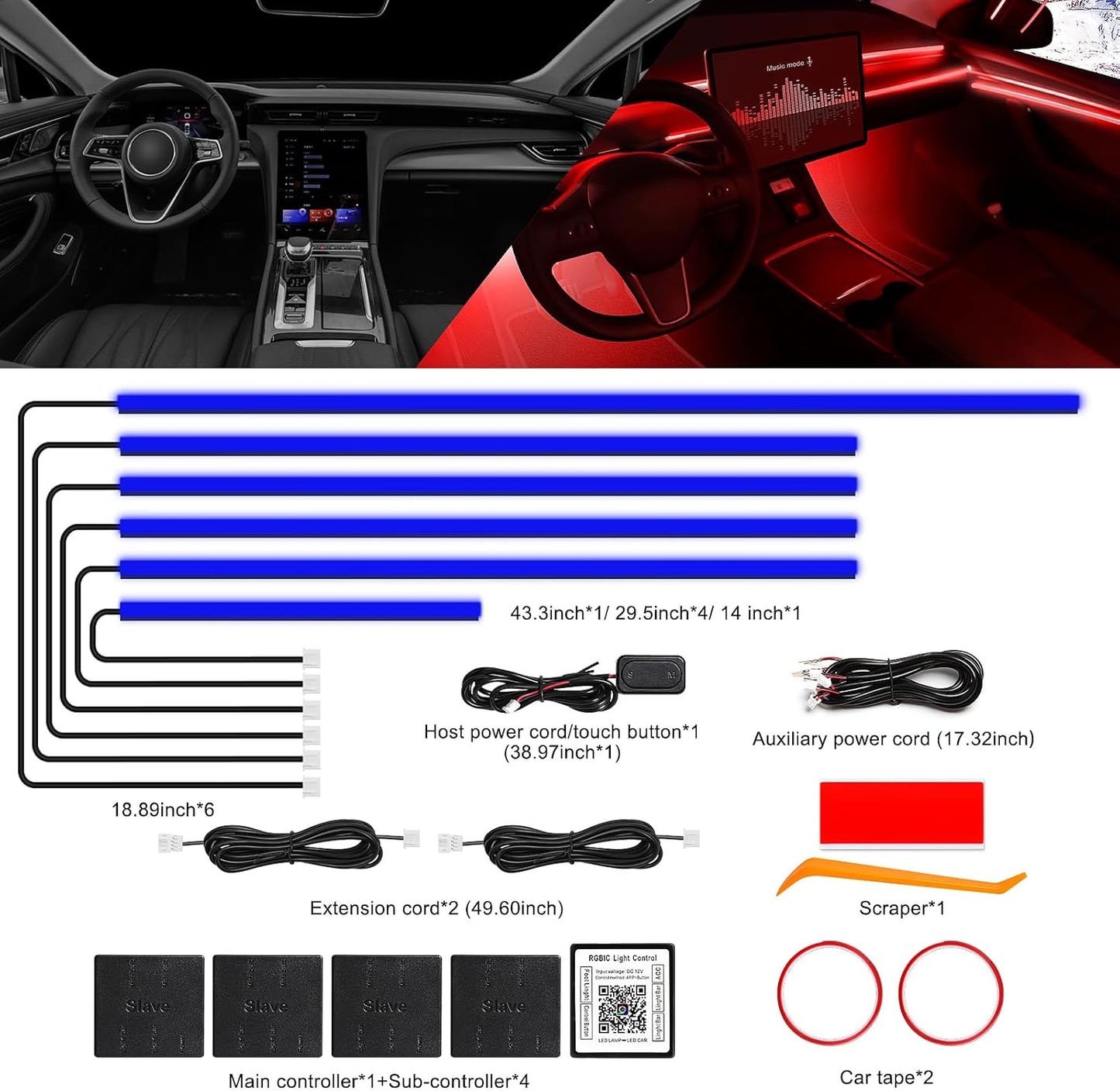 Acrylic Interior Car LED Strip Light with Wireless APP, RGB 6 in 1 with 175 inches 612 LEDs Fiber Optic Car Ambient Lighting Kits, Dynamic Music Sync Neon LED Strip Lights for Car