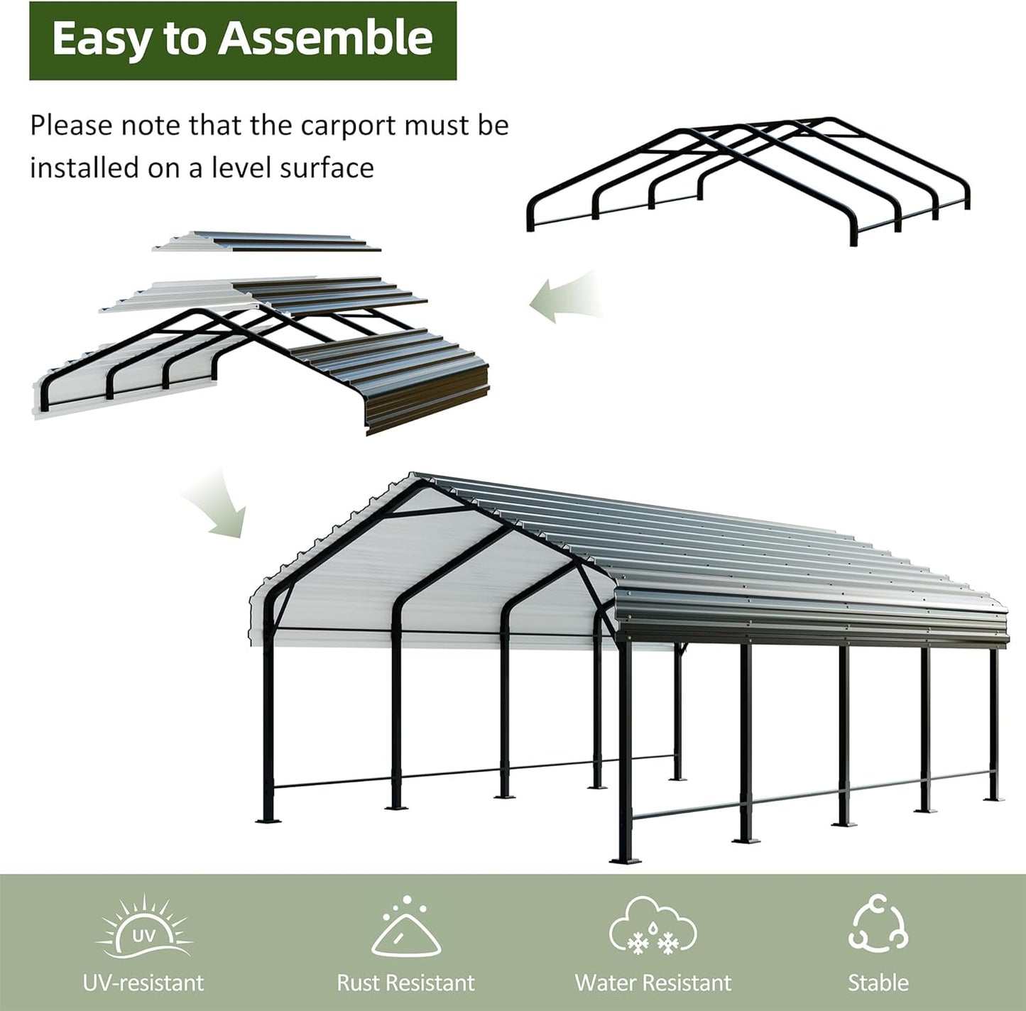 JAMFLY Carport, 12X20 FT Metal Carports, Heavy Duty Carport Canopy with Galvanized Steel Roof and Frame, Metal Car Garage Upgraded Extra Large Garage for Pickup, Boat, Car and Tractors
