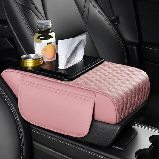 Center Console Cover Organizer, 5-In-1 Arm Rest Cover for Car with Cup Holder & Storage Pocket & Tissue Holder, Armrest Cover Cushion Pad, Water Ripples, Rose-Tinted