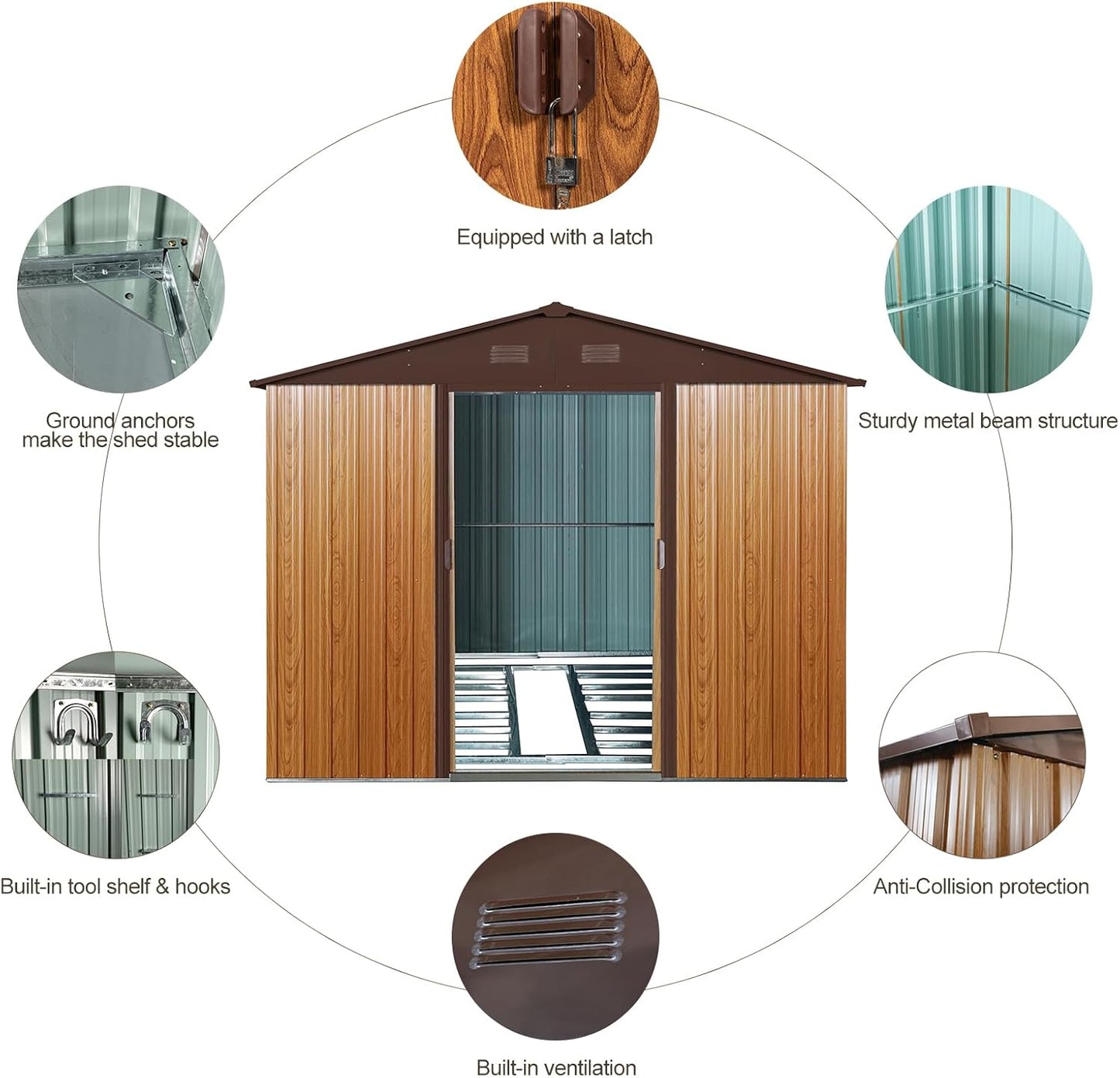 8x10 FT Outdoor Storage Shed, Metal Garden Shed with Frame Floor, Outside Tool Shed with Lockable Sliding Doors, Waterproof Storage Building with Sloped Roof for Backyard, Patio, Lawn, Coffee