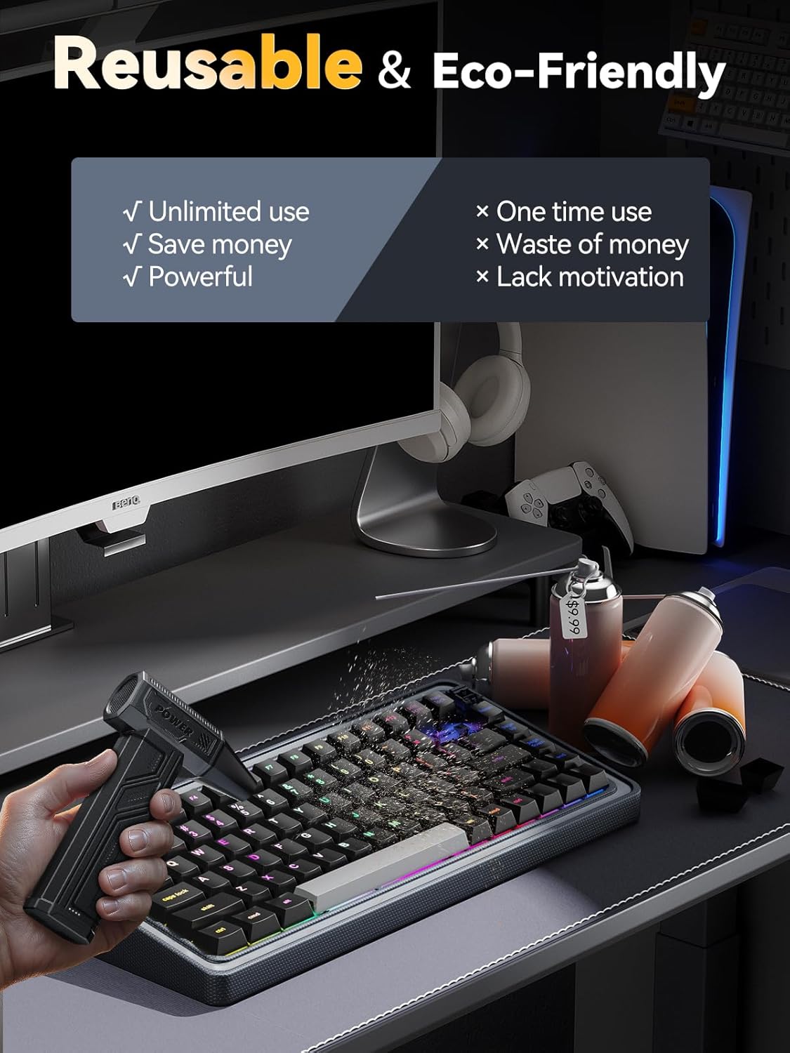 Electric Air Duster, 300000RPM 4-Gear Adjustable Compressed Air Duster with Light, Rechargeable Brushless Motor Air Blower for Keyboard, PC, Car, and Home Cleaning Reusable Replaces Compressed Air Can