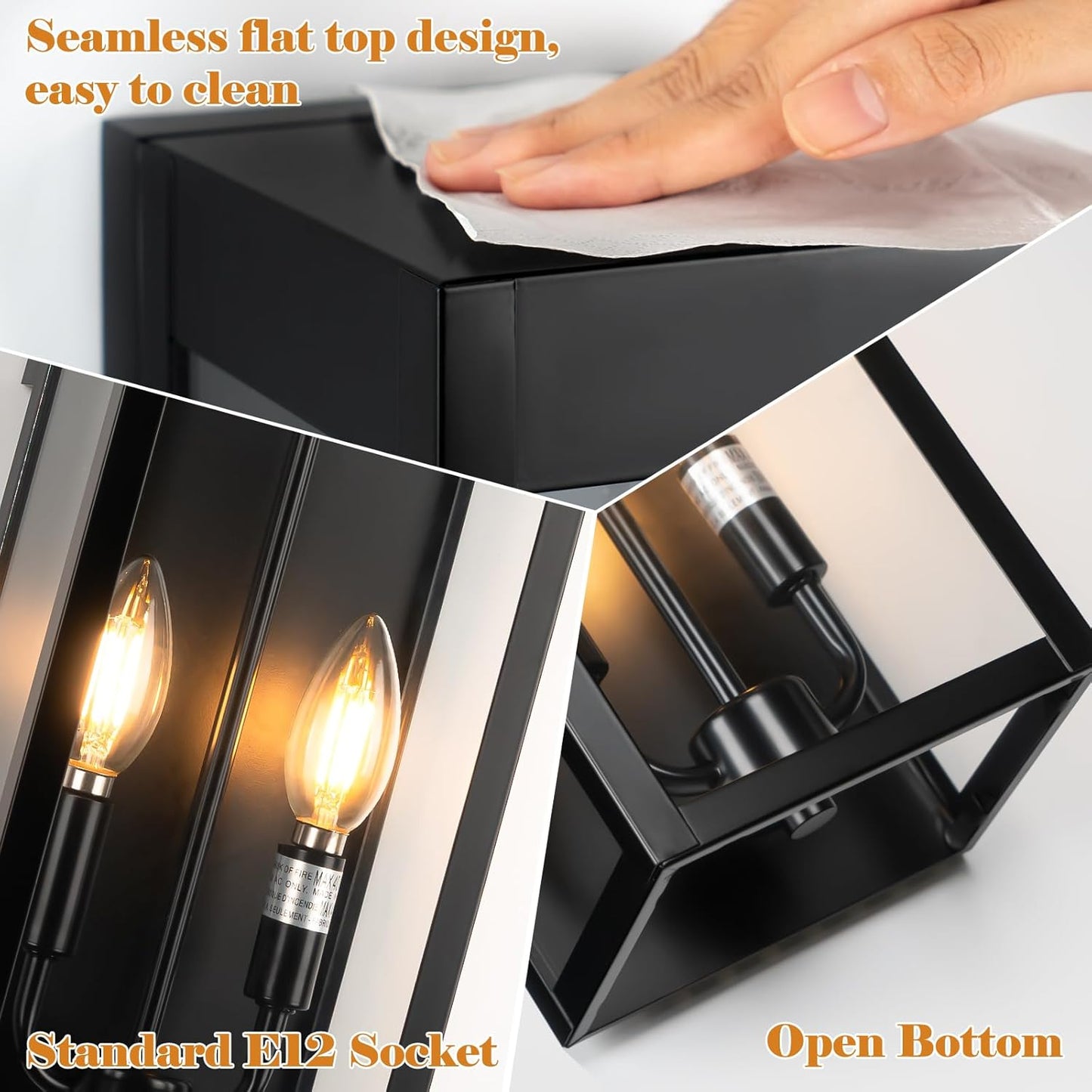 Outdoor Wall Lights 16 Inch Large, 2 Pack Black Modern Exterior Lighting Fixtures Wall Mounted with 2 Candle Light, Waterproof Outside Sconce Coach Garage Lanterns Porch Lamps for House E12