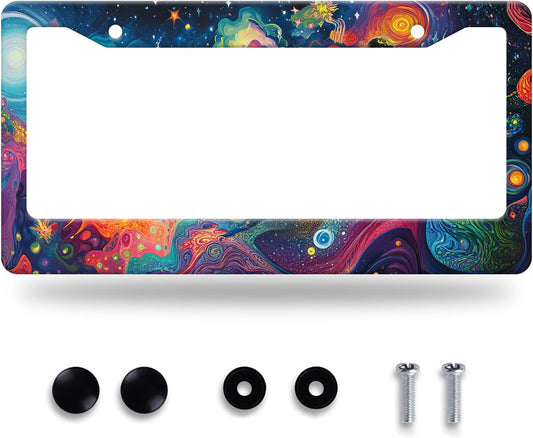 Abstract Galaxy License Plate Frame Starry Sky License Plate Stainless Steel Funny License Plate Holder for Men Women Colorful Car Accessories Decoration 12.3" x 6.3"