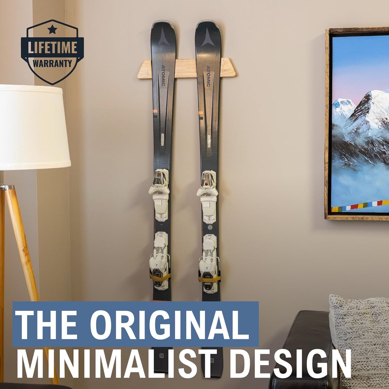 StoreYourBoard Minimalist Wood Ski Rack – Vertical Ski Storage Holder for Home & Garage, Solid Wood Ski Wall Mount Display Rack, Holds 50 lbs