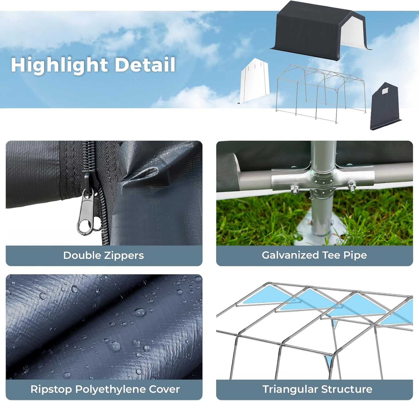 GREEN PARTY Storage Shelter Shed, 10x15 ft Portable Shed Outdoor Carport with Roll-up Zipper Door & Vents, Outdoor Storage Shed Portable Garage for Motorcycle, Bike, Waterproof & UV Protected, Gray