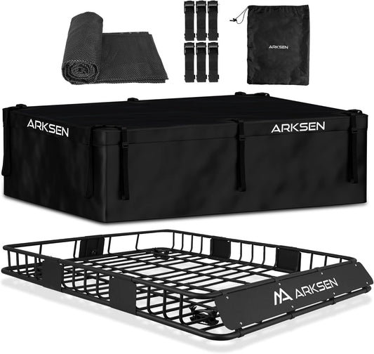 ARKSEN 64 x 50 x 6 Inch Universal Extra Wide 150LB Heavy Duty Roof Rack Cargo with 500D PVC Waterproof Cargo Bag, Car Top Luggage Holder Carrier Basket for SUV, Truck, & Car Steel Construction