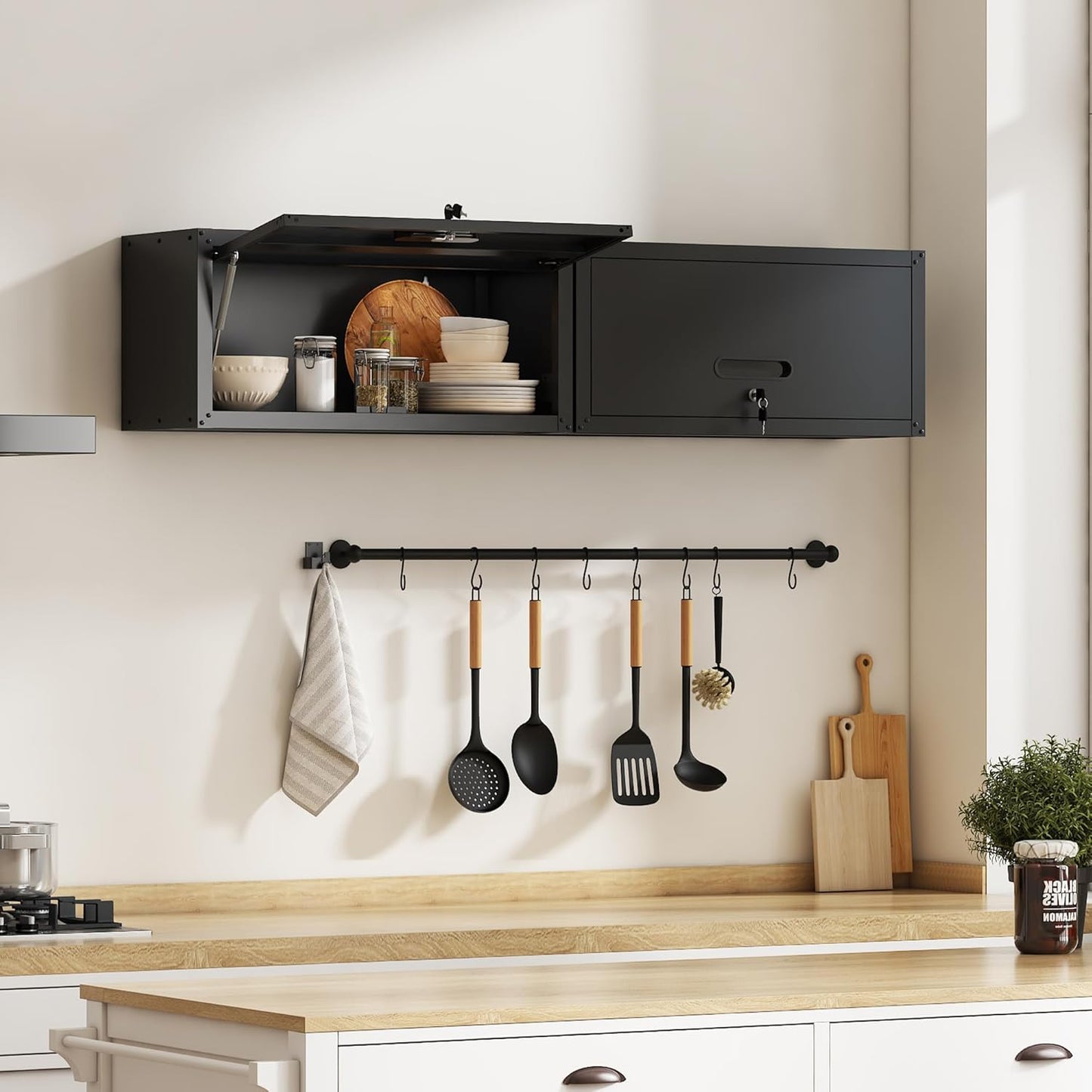 Metal Tool Cabinet,Garage Storage Cabinet System,Wall Cabinet & Locking Rolling Tool Cabinet with Doors and Adjustable Shelves,Steel Tool Cabinets for Home,Office (2 Pcs-StyleAA, Black)