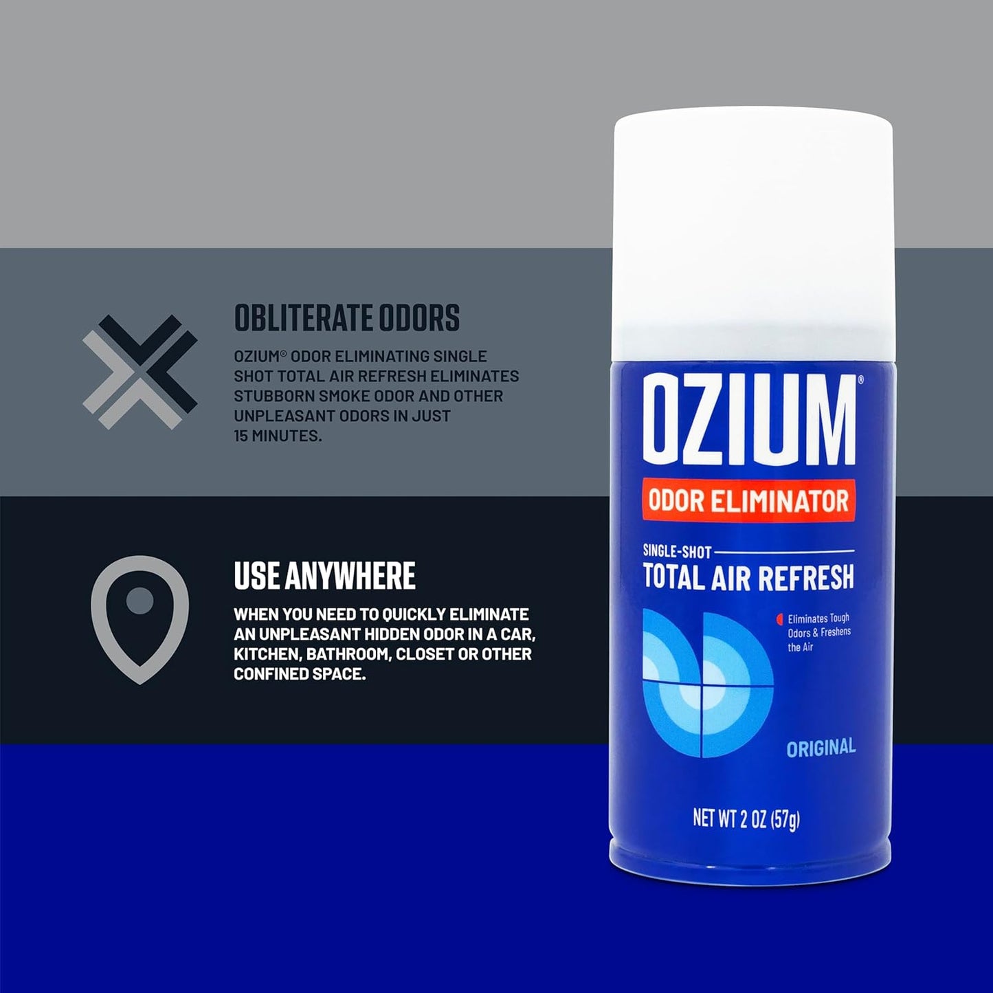 OZIUM Air Freshener Odor Eliminator, 2oz Single Shot Total Air Refresh & Car Air Freshener – Carbon Black – 4 Pack