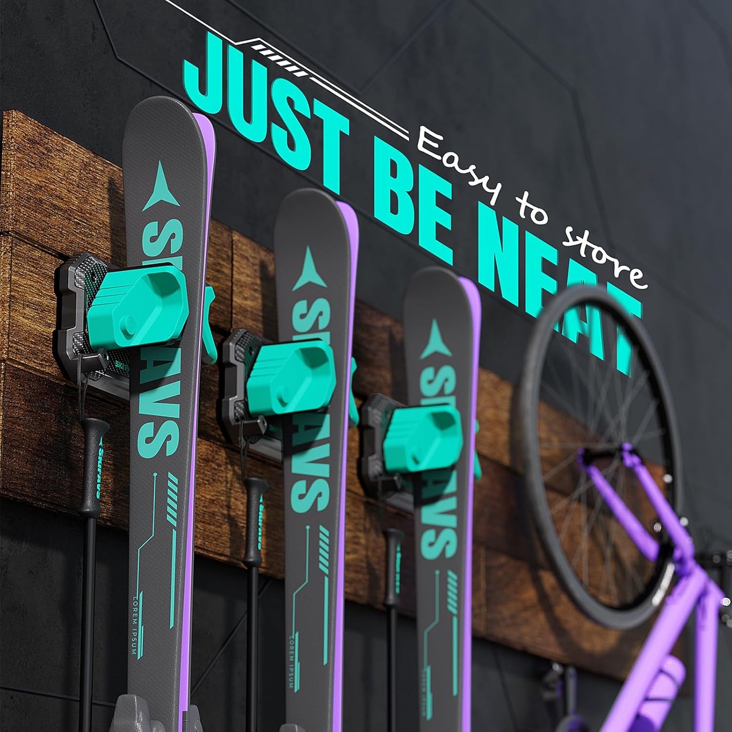 Ski & Snowboard Wall Rack for Garage Wall Fits Any Ski/board, Ski Wall Mount Holders Damage-Free Storage Rack, Garage Organization Space-Saving Winter Gear Organizer, Green, 2 Pack