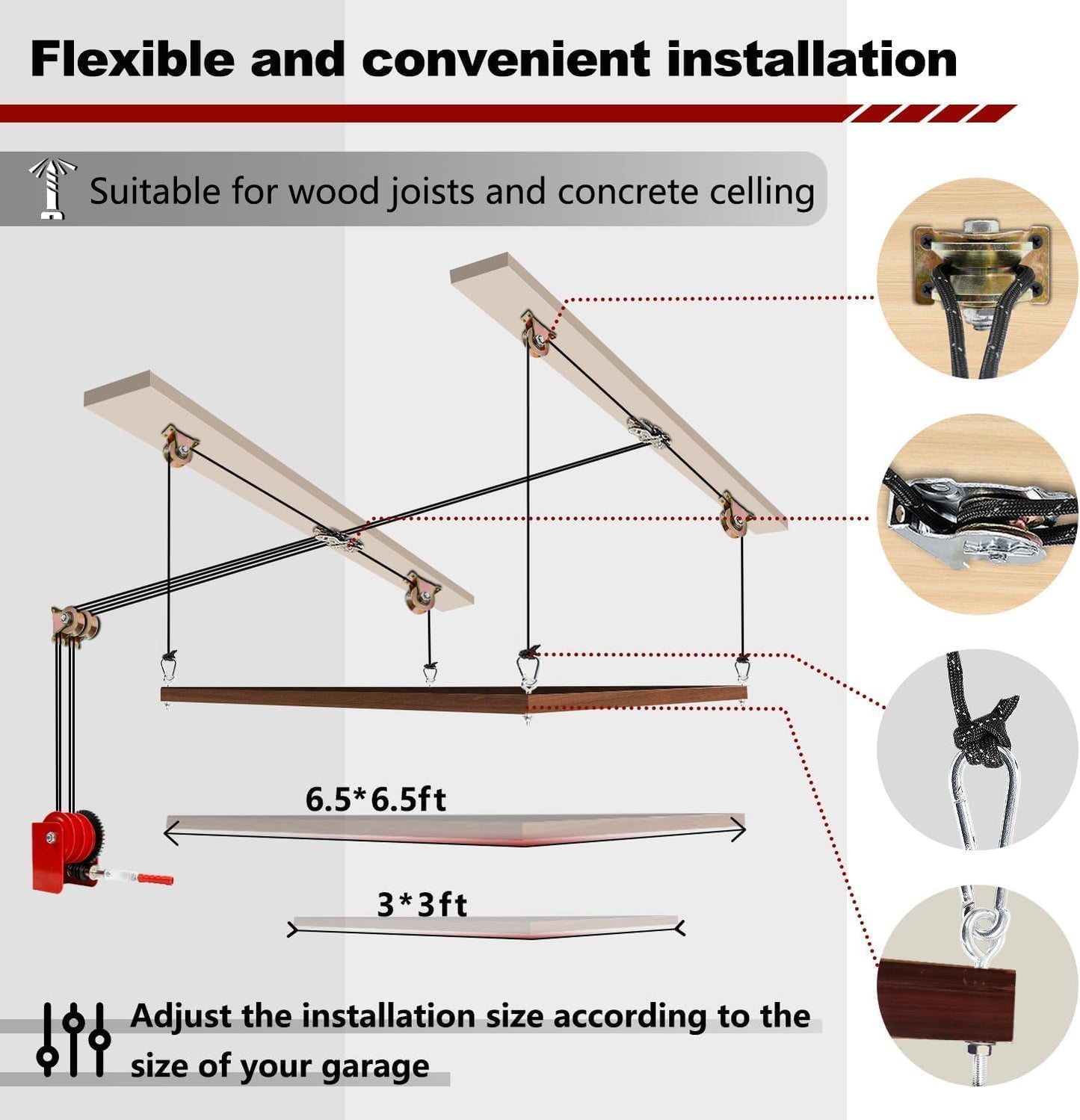 Overhead Garage Storage Lift - Heavy Duty Ceiling Mounted Garage Storage Lift System for Organization - 300lbs Weight, Supports 8-16ft Ceilings, Compatible Bronco, Weight, Wrangler (Deck Not Includ)