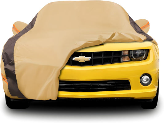 Camaro Car Cover Waterproof All Weather Compatible with Chevy Camaro, Outdoor Anti-UV Sun Rain Protection Full Exterior Cover (Camel with Brown)