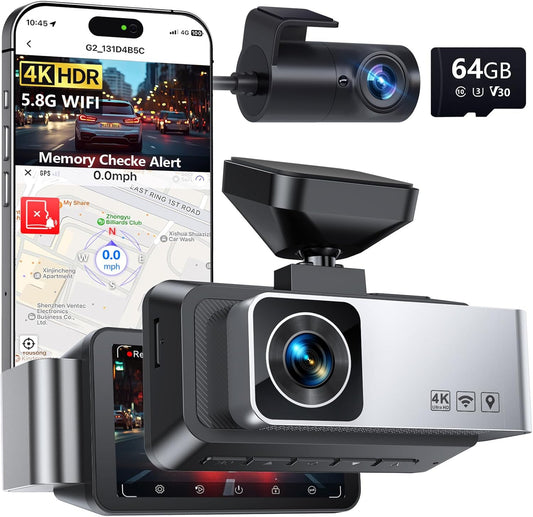 Dash Cam Front and Rear, 4K Full HD Dual Dash Camera for Cars, Built-in Memory Card Monitoring, 64GB Card, 5G WiFi GPS, Car Camera with 3" IPS Screen, 2160P Night Vision, Parking Monitor