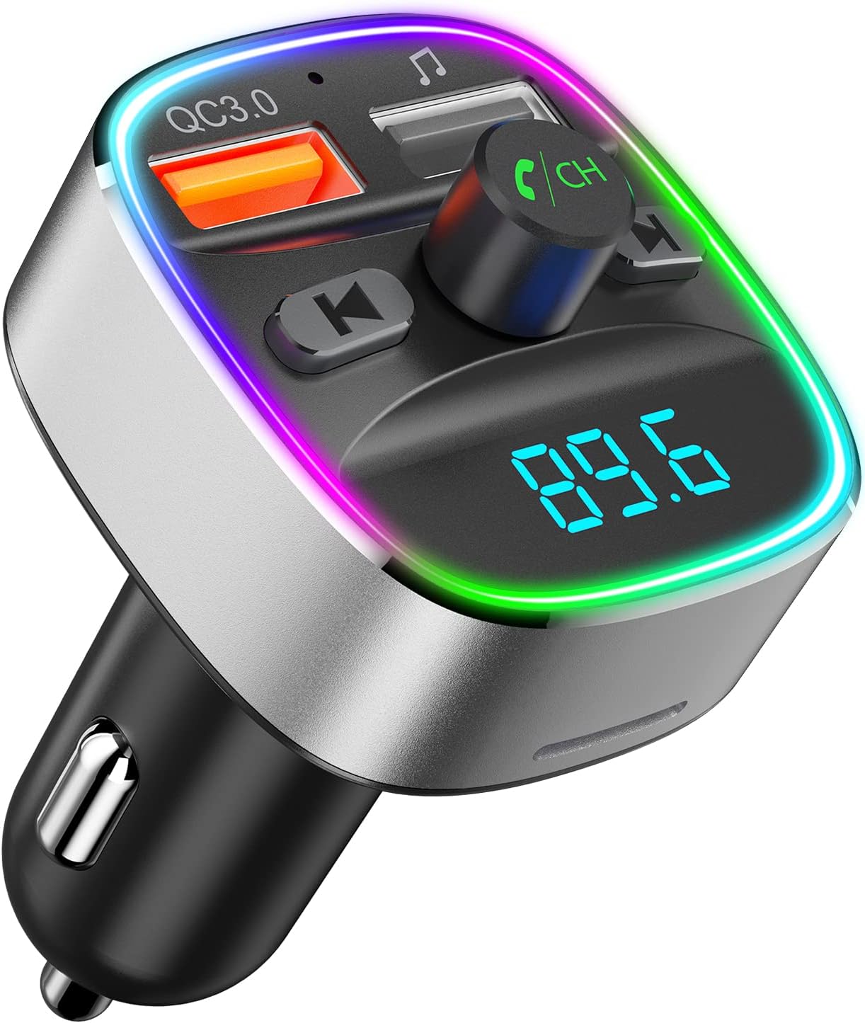 Nulaxy Bluetooth FM Transmitter for Car,Bluetooth Car Adapter Charger with Dual USB Charging Ports, MP3 Music Player Supports TF Card & USB Disk,Hands Free Calling, 7 Colors Led Backlit Light - Silver