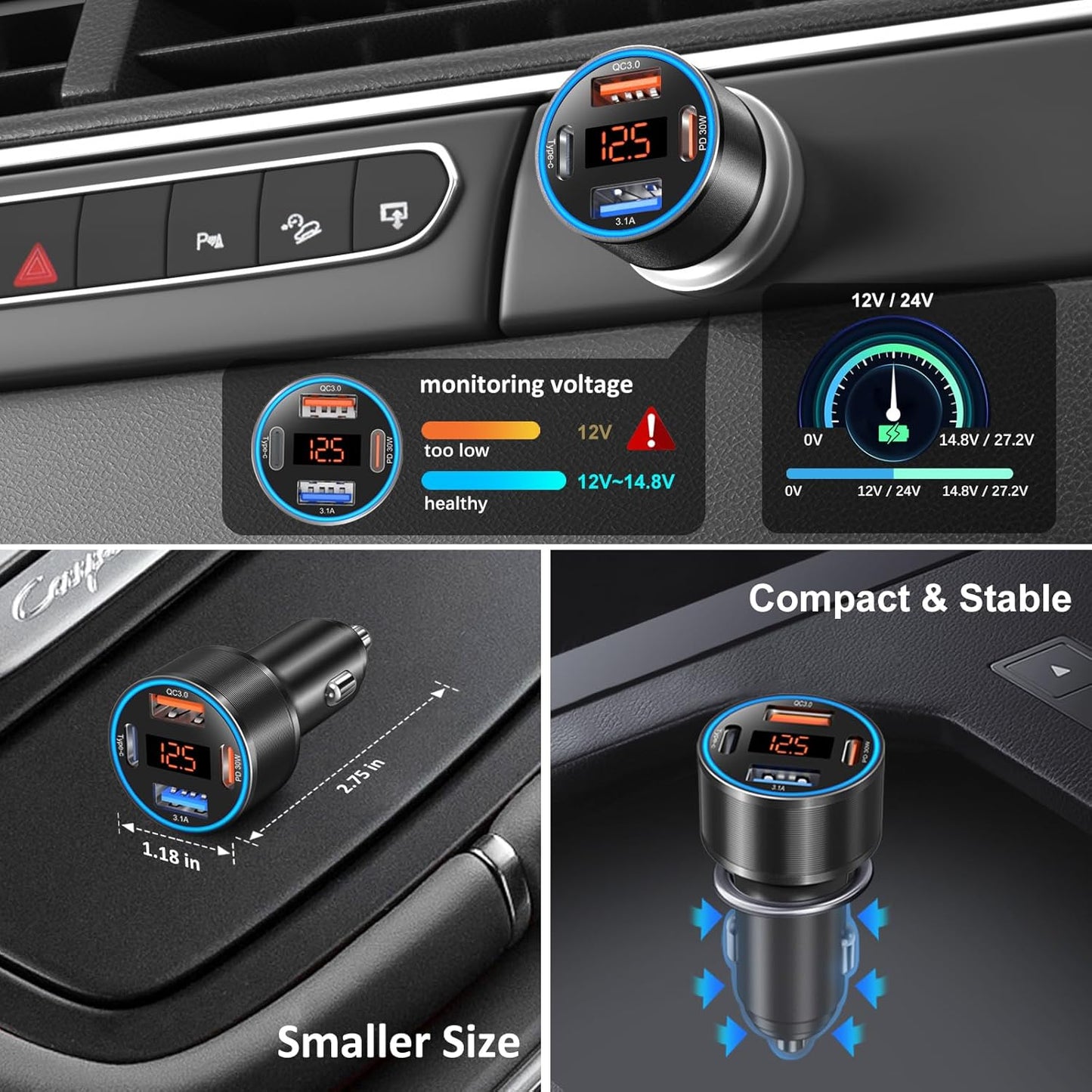 3 Pack USB C Car Charger, 4-Port 65W Dual 12V USB-A & USBC Cigarette Lighter Adapter Plug with Voltmeter PD/QC 3.0 Fast Charging Car Phone Charger for iPhone 16e 15 14 13 12 11 Pro Max, Android-Black