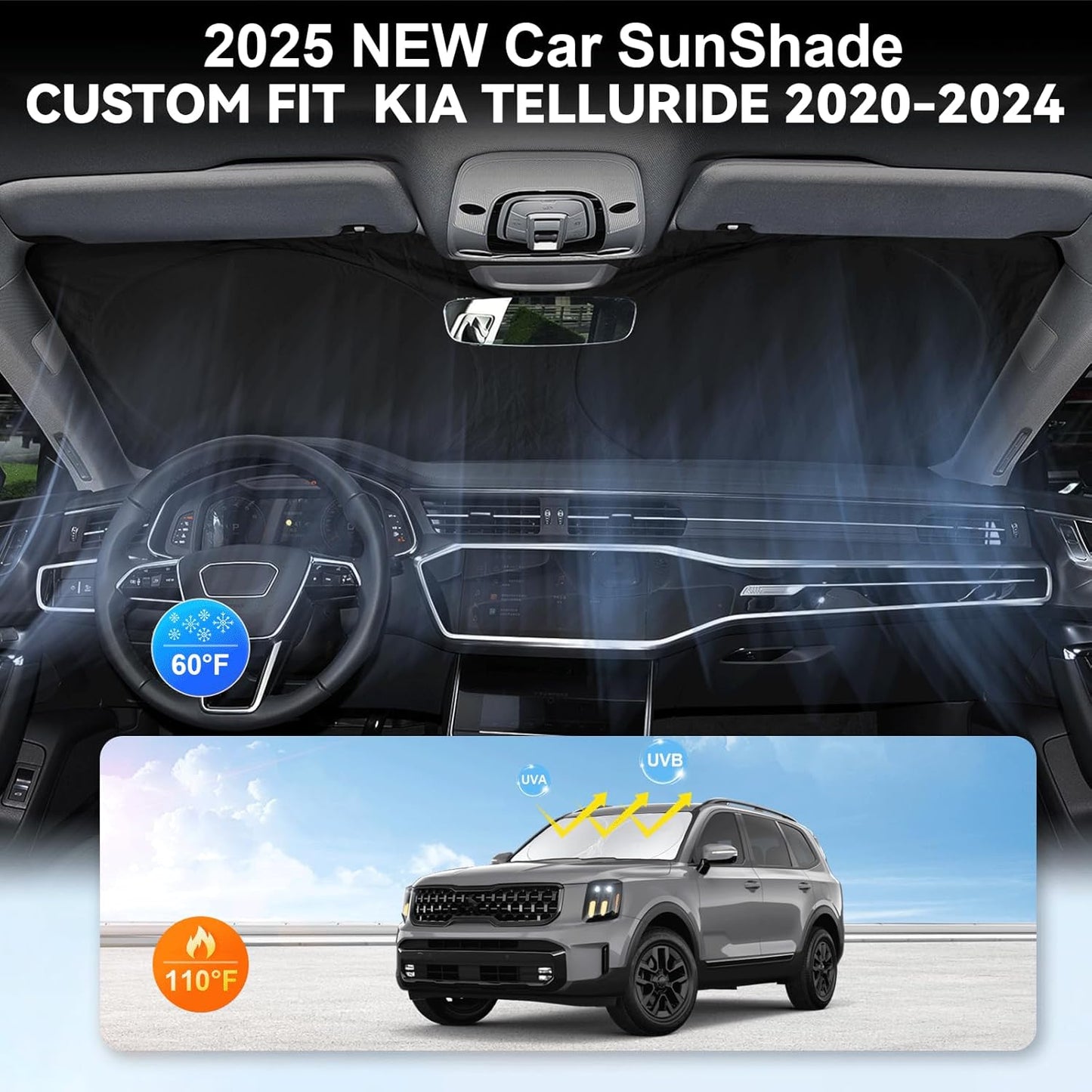 Custom Fit Telluride Windshield Sunshade for Kia Telluride 2020-2025 Front Window Shades Cover for Windshield Sun Visor Protector 210T Reflector Block Heat and Sun Protection Cooler Car Accessories