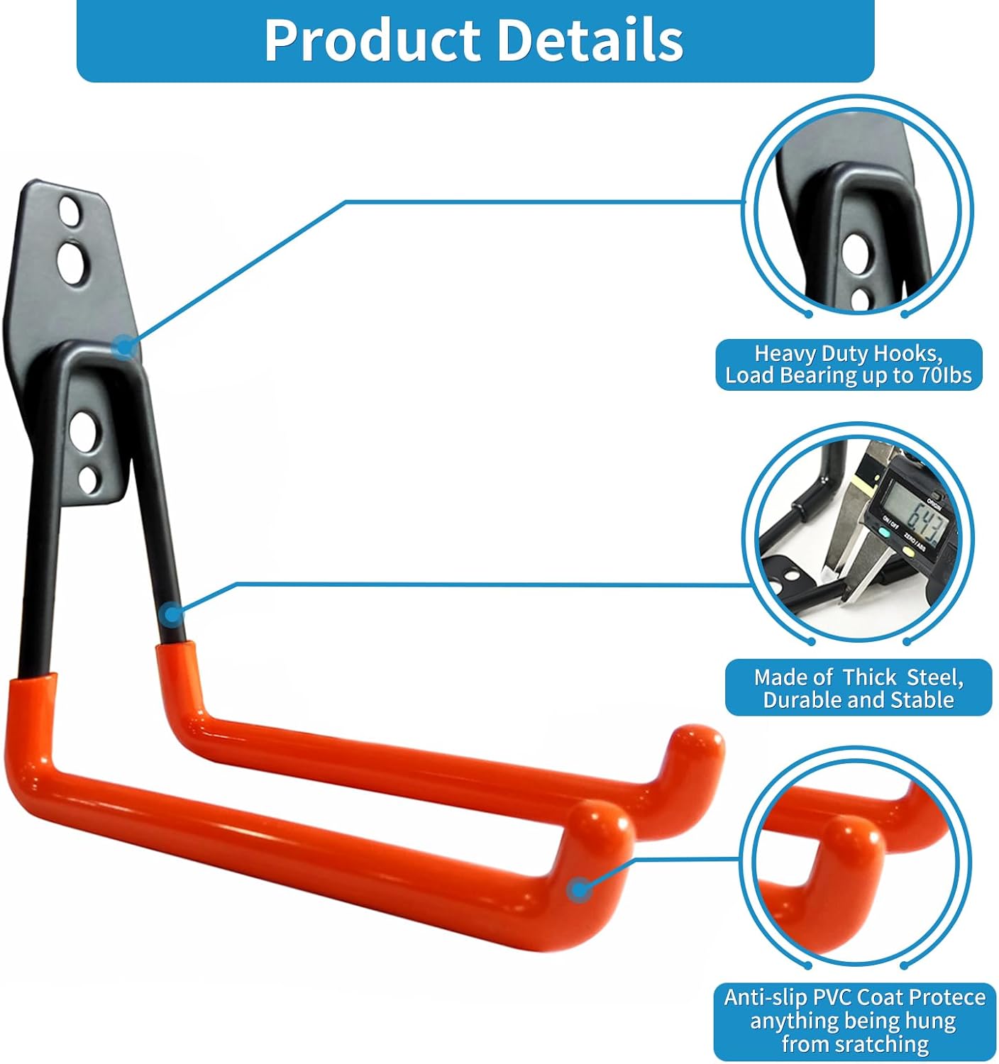 Garage Storage Utility Hooks，Garage Garden Tool Organizer，Steel Wall Mount Hooks, Large Garden U Hooks （2 Pack）