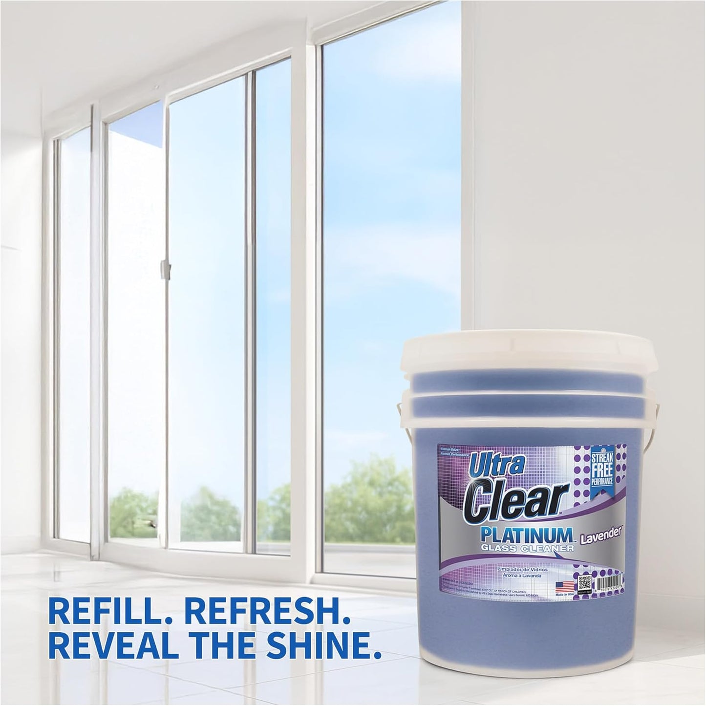 Ultra Clear Platinum Glass Cleaner, Crystal Clear Streak-Free Shine Polished Finish, for Commercial and Residential Use Lavender Fresh, 5 Gallons