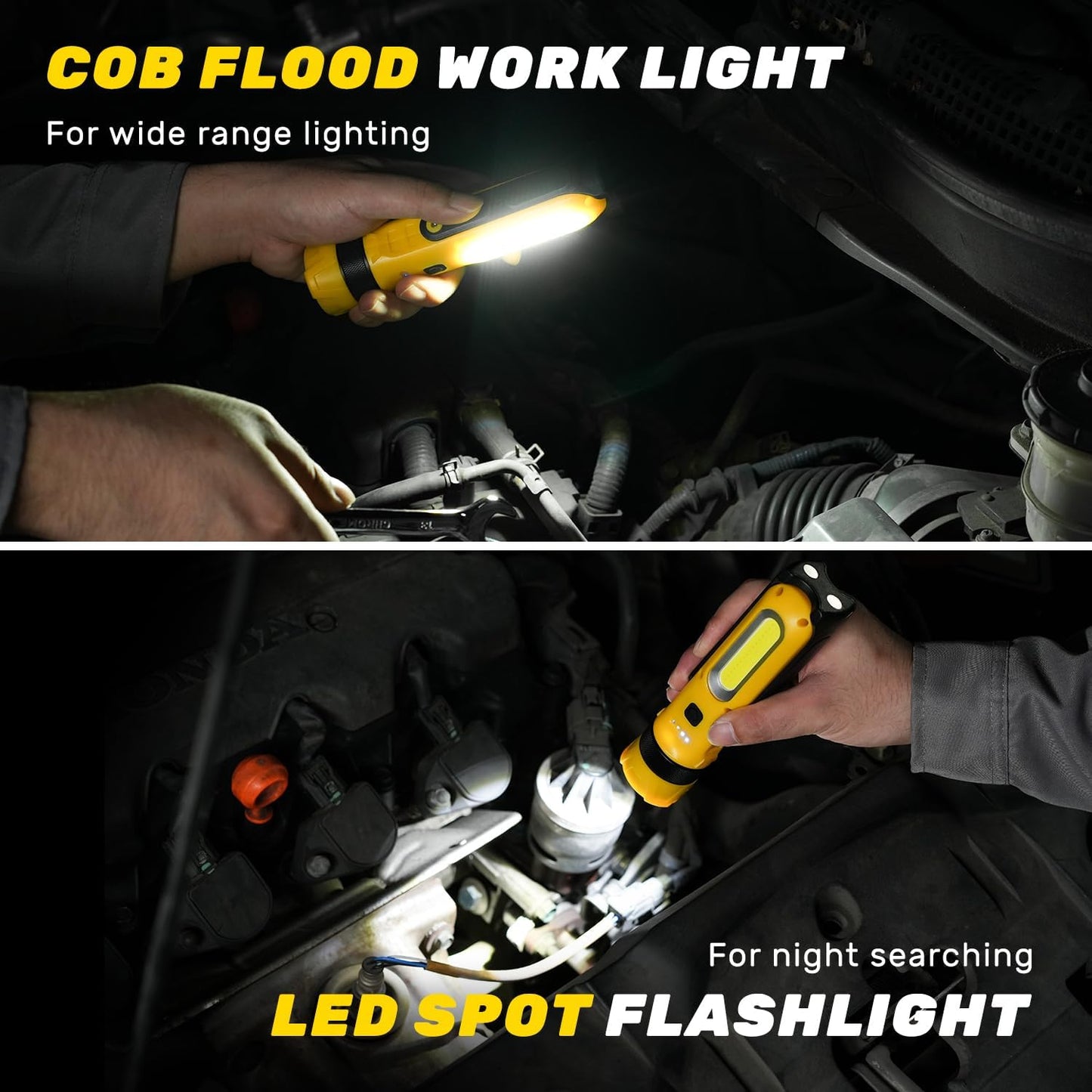 LED Rechargeable Work Light with Magnetic Base, 1800mAh Magnetic Flashlight with 300° Rotation, 3 Modes Portable Mechanic Light for Car Repair Camping Emergency (2 Pack)