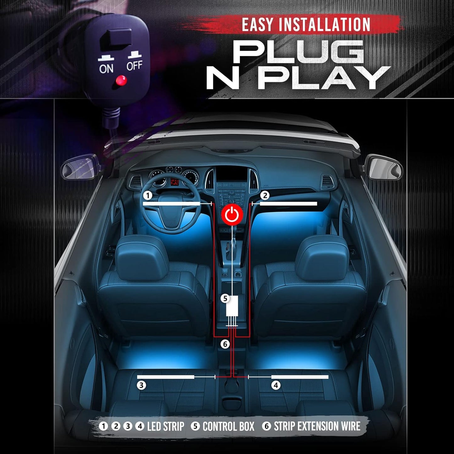 OPT7 Aura Interior Car Lights with Remote Control, Color Change, Music Sync Inside Ambient Lighting Kit, LED Light for Cars Trucks Under Dash Accessories, Charger Adapter 12V, 4pc Single Row LED Strip