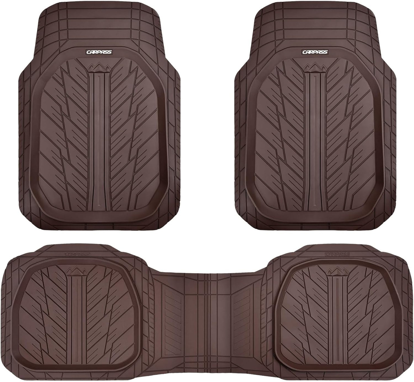 CAR PASS DeepDish Floor Mats for Cars Full Set,Heavy Duty Rubber Car Mats 3-Piece,Universal Waterproof Trim-to Fit Automotive Floor Mats for Truck Van SUV, Durable All-Weather Car Mats(Solid Browm)